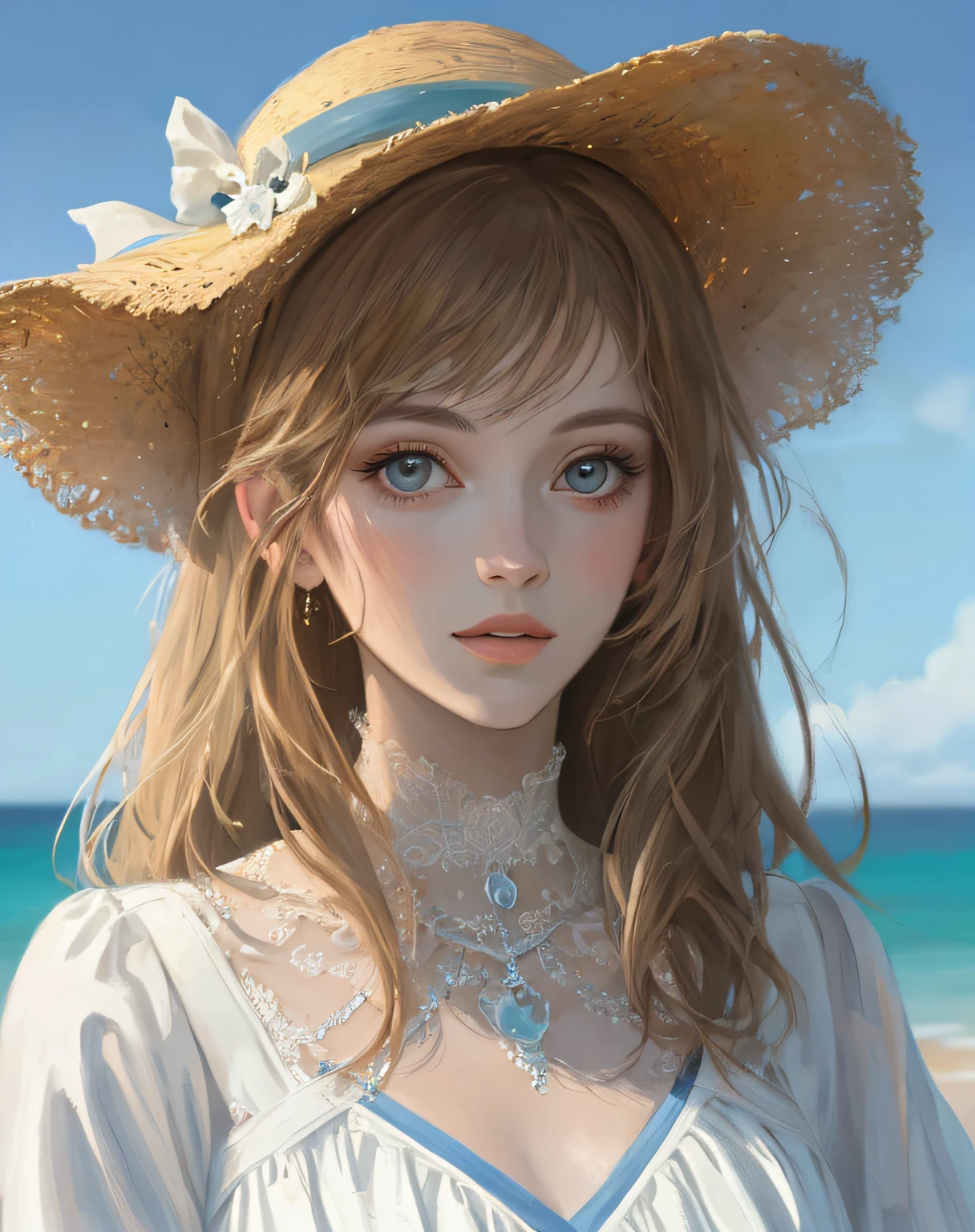artistic portrait of a beautiful woman, masterpiece,beach scene,white dress,close up