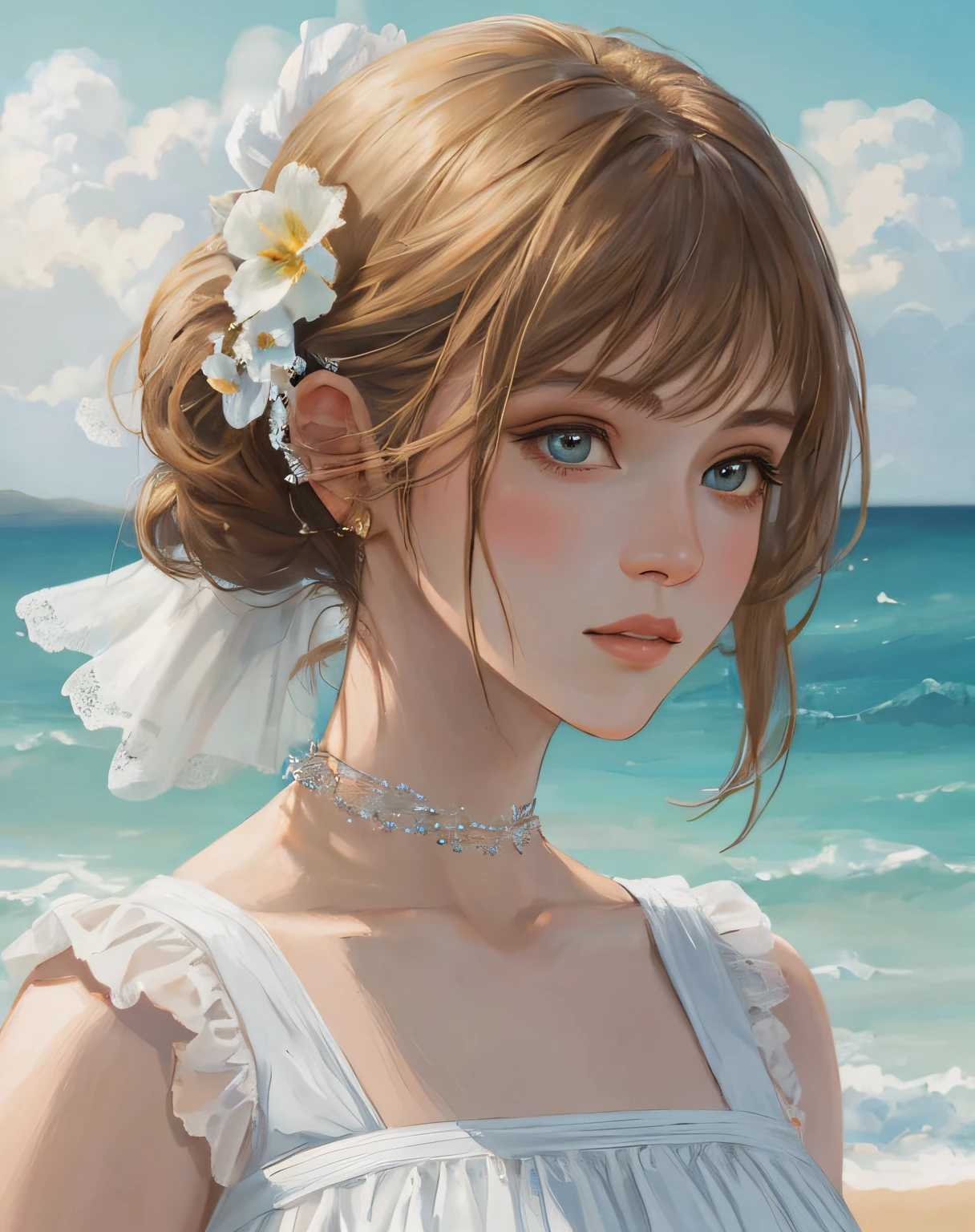 artistic portrait of a beautiful woman, masterpiece,beach scene,white dress,close up