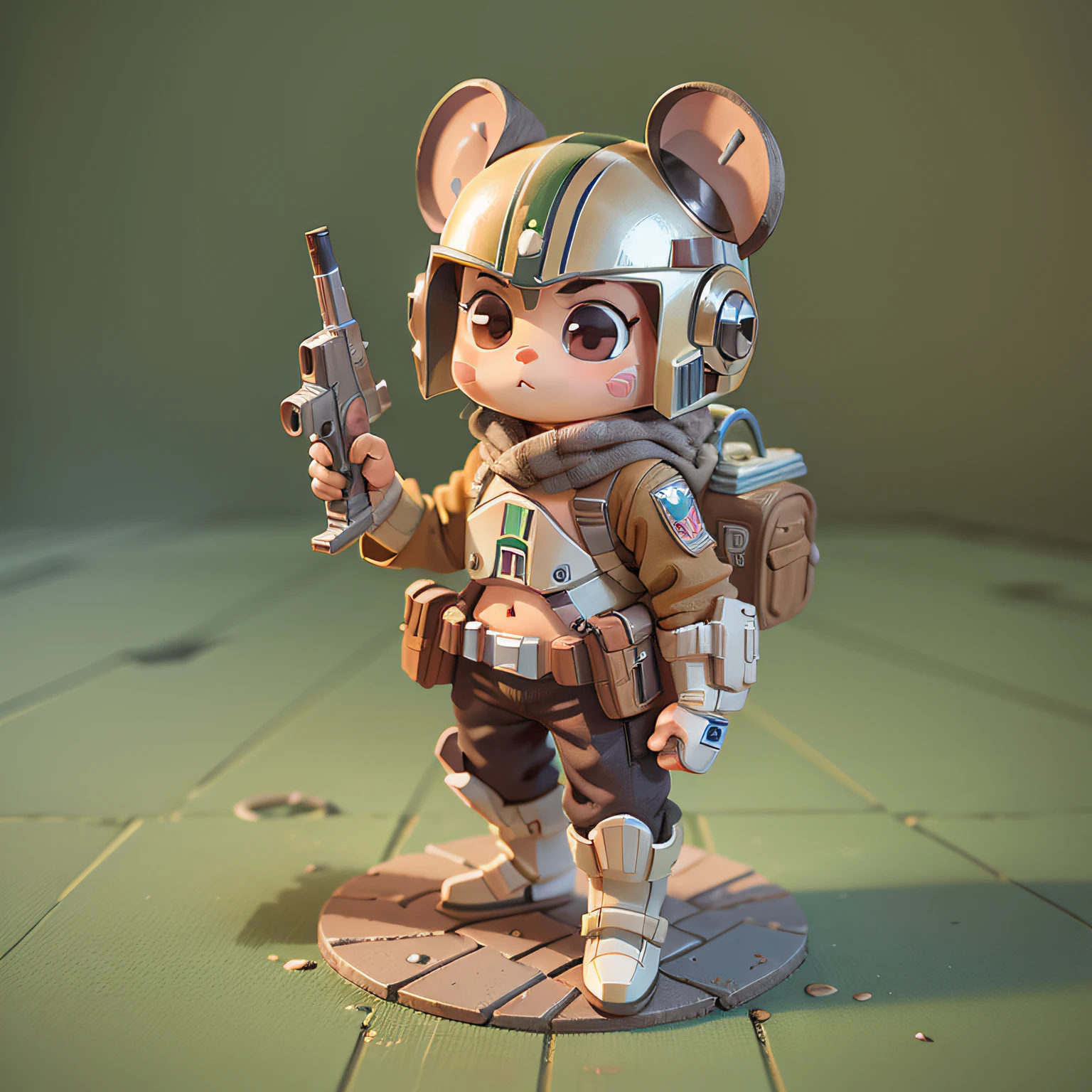 chibi, mouse, cute, mandalorian starwars, action pose, bold, holding a gun, bigbadejo, full body, masterpiece, 3D Rendering, Best Quality, Lots of Detail, (plain background), vinyl toy figurine