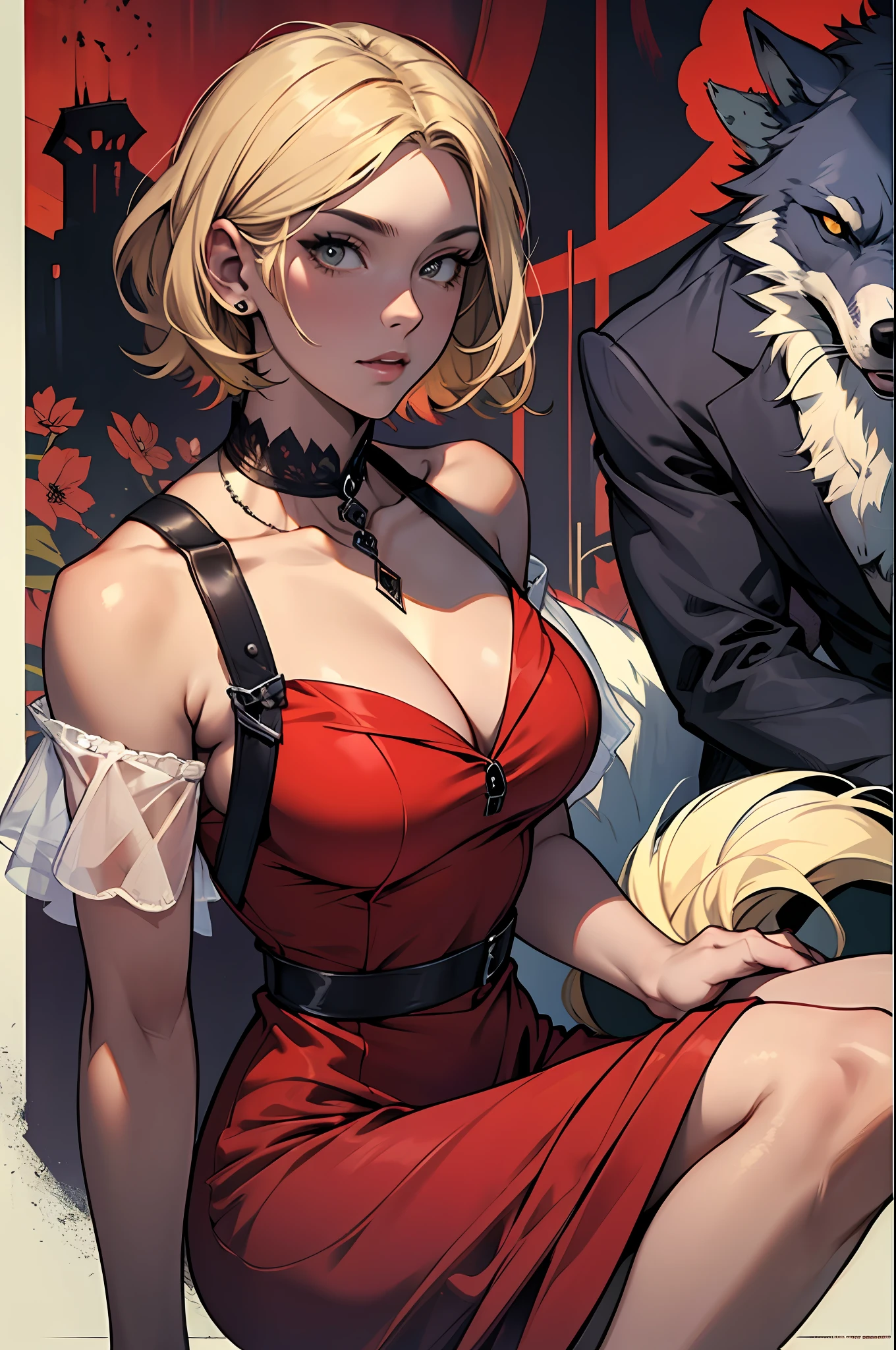 Werewolf wearing suit sitting in front of a beautiful young blonde girl with short hair and red dress --auto --s2