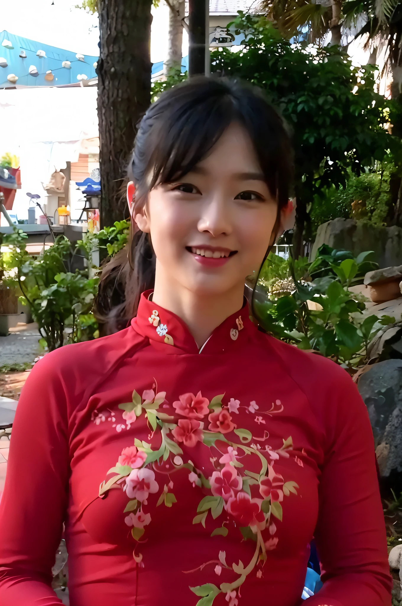 (8K, highest quality, masterpiece: 1.3), (realistic, photorealistic: 1.4), ultra high definition, (ao dai), (red clothes), (japanese female), (high-definition cute face), (large breasts), brown hair, ponytail hair, professional lighting, (closed mouth: 1.2), blush, smile