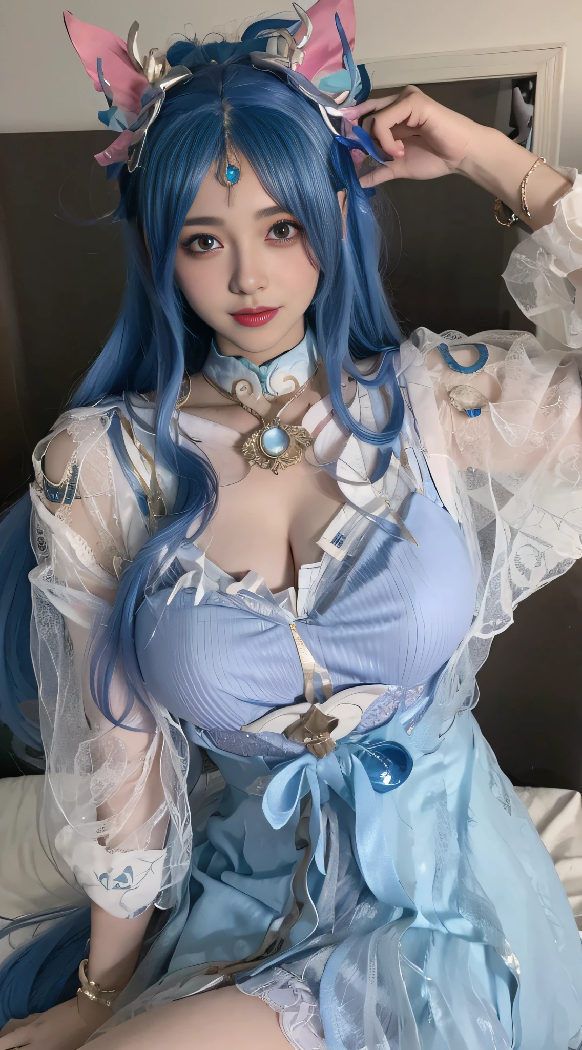 araffe dressed in a blue dress and a headpiece sitting on a bed, anime girl cosplay, anime cosplay, ahegao, costume with blue accents, high quality costume, blue scales covering her chest, astral witch clothes, ahegao face, anime character; full body art, fantasy outfit, 8k)), realistic cosplay, sakimichan frank franzzeta