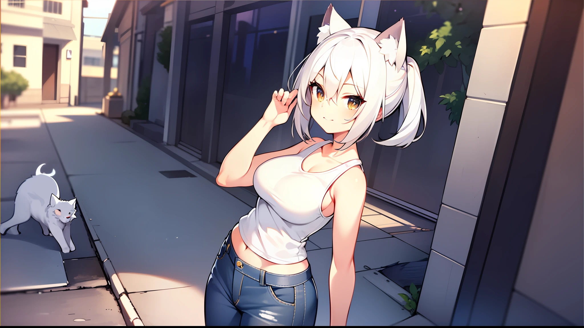 wolf loli, loli, cute, wolf tail, wolf ear, blue cristal eyes, long gray hair, blue circle glowing halo, blue hair clip, fancy casual clothes, walking, playing, happy, blush, evening, city road, city, cold weather, light city, light road, dynamic lighting wet road, tokyo city, high detail lighting, high detail city, high detail hair, high detail sky, high detail gray clouds.