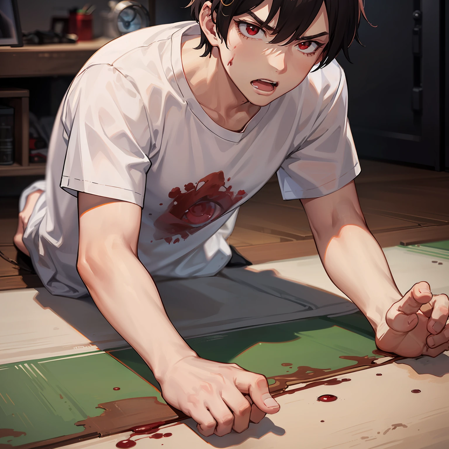 (A man in a white T-shirt 1.7)
(Blood red in both eyes 1.8)
(Very Angry 1.8)
(1.6 in the room)
(Lying on the ground 1.9)
(Vision 1.7)