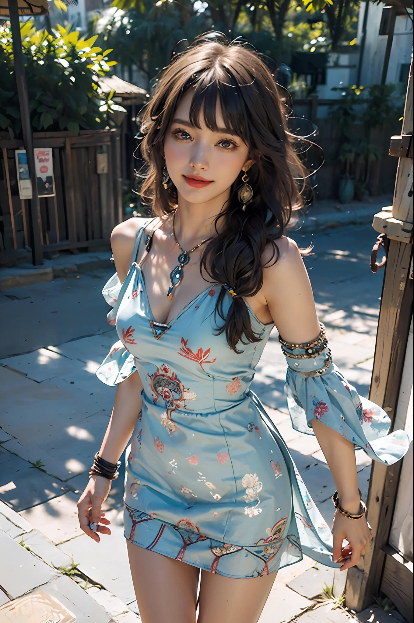 masterpiece, best quality, 1girl,long_hair,light smile, blunt bangs,looking at viewer,selfies,cowboy shot,(shot_hair:2),(Boho_printed_dress:1.5),(Straw_wedge_sandals:1.4),(Beaded_bracelets:1.3),
(realistic:1.5), cinemagraph,