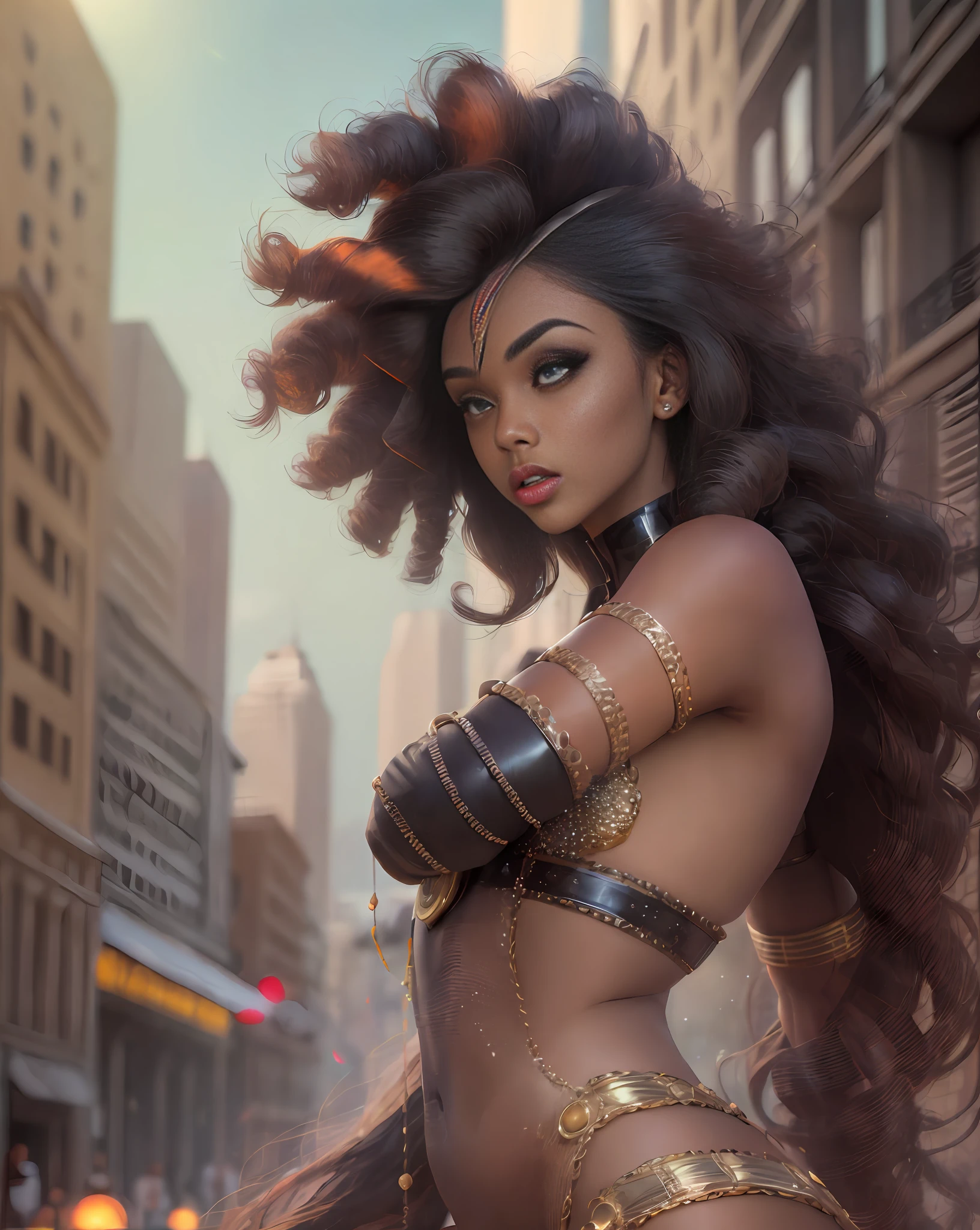 (best quality, masterpiece), A beautiful brown woman, tanned skin, black curly hair, black cat eyes, galatica war city background, futuristic, pose, particle, looking at the viewer, galaxy, backlit, rimlight, perfect composition, raudha athif,