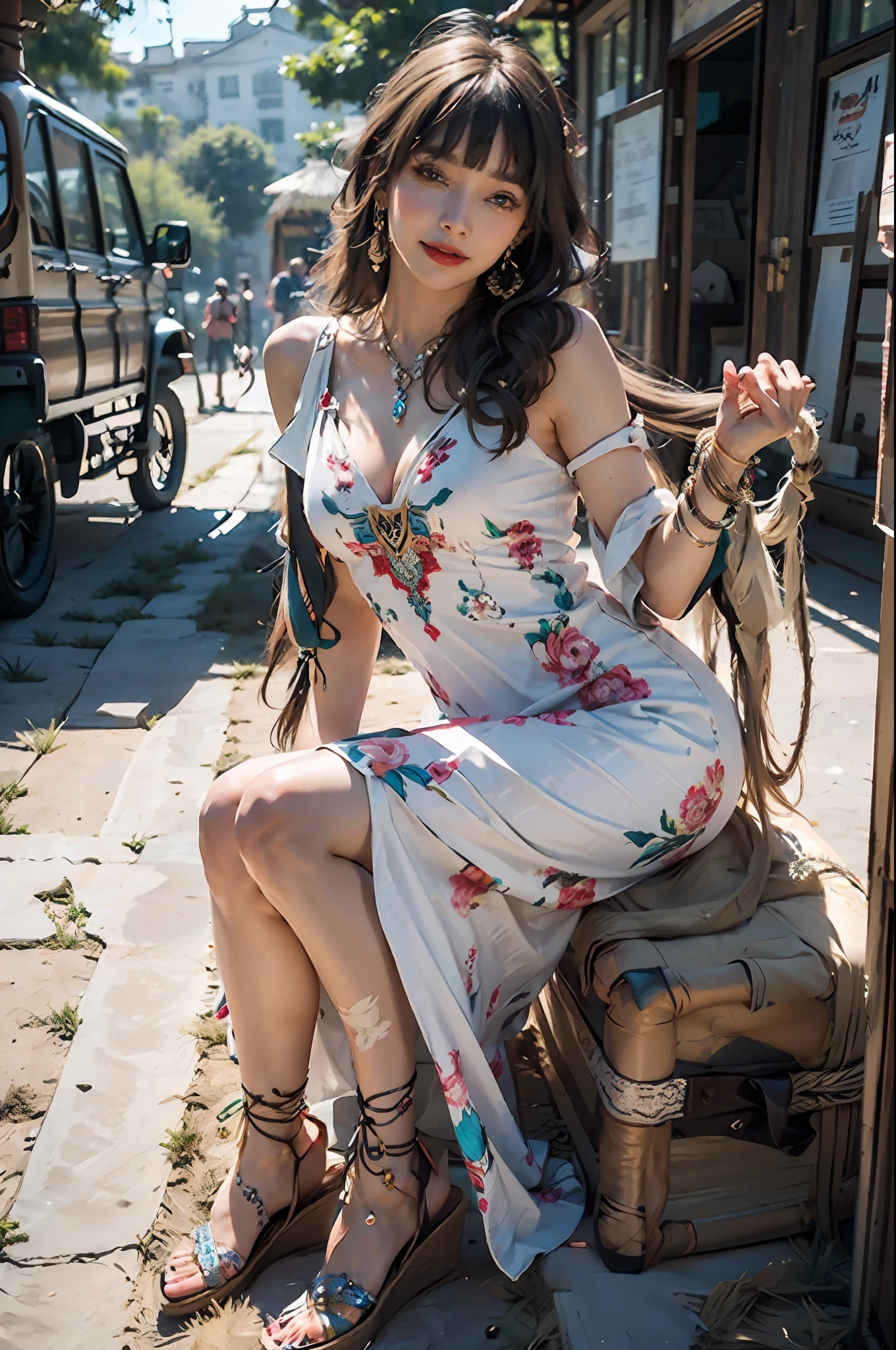 masterpiece, best quality, 1girl,long_hair,light smile, blunt bangs,looking at viewer,selfies,cowboy shot,(shot_hair:2),(Boho_printed_dress:1.5),(Straw_wedge_sandals:1.4),(Beaded_bracelets:1.3),
(realistic:1.5), cinemagraph,