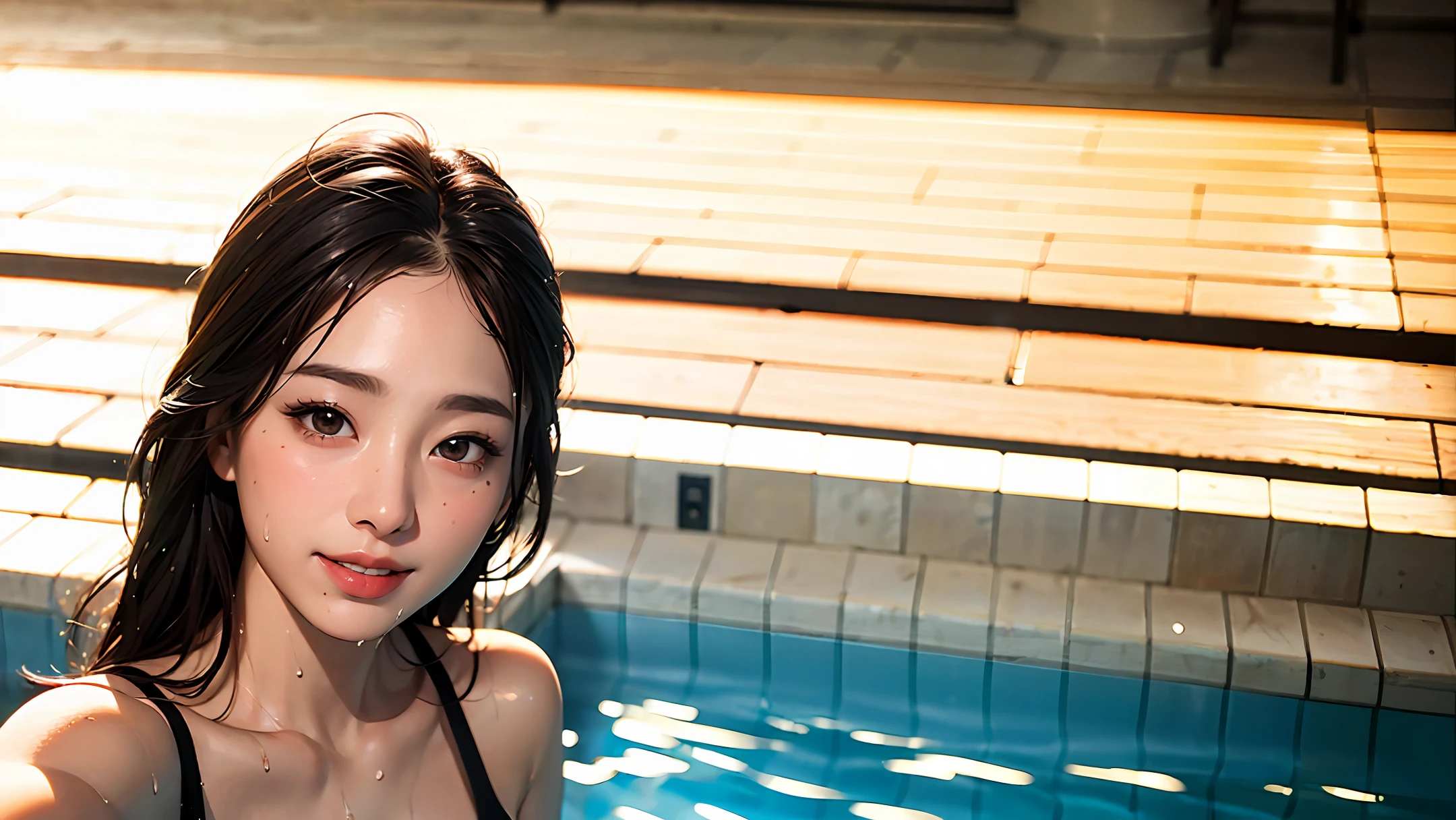 ((Top Quality, 8k, Masterpiece: 1.3)), Distant View, Summer Cloud, Beautiful Girl, 1 Woman, Medium: 1.3, Slender Figure: 1.1, Toned Abs, Happy Smile, Dark Brown Hair, (Pool, Wet Body, Wearing Erotic: 1.1), Ultra Detailed Face, Detailed Lips, Detailed Eyes, Double Eyelids