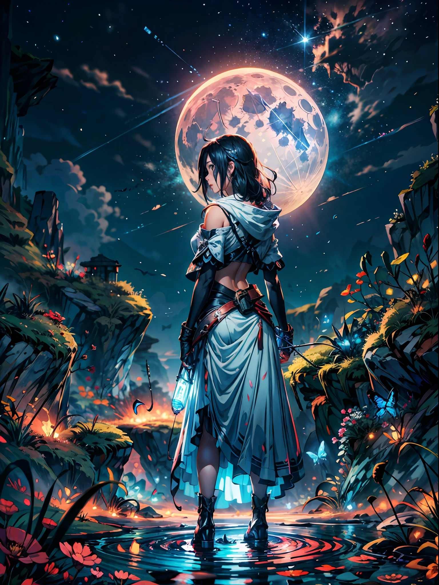 full moon night, starry sky, shooting stars, a girl standing on a sea of colorful flowers, looking up the sky, turn back to viewers,look at the moon,from behind butterfly, fireflies, (girl focus:0.7) BREAK,Detailed,Realistic,4k highly detailed digital art,octane render, bioluminescent, BREAK 8K resolution concept art, realism,by Mappa studios,masterpiece,best quality,official art,illustration,ligne claire,(cool_color),perfect composition,absurdres, fantasy,focused, rule of thirds
