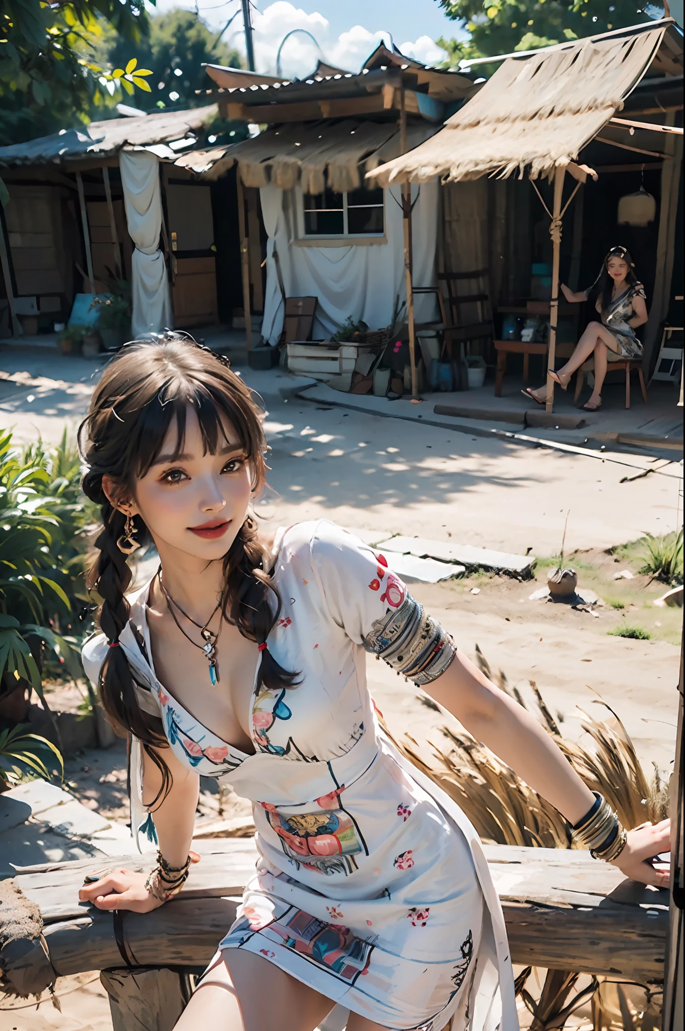 masterpiece, best quality, 1girl,long_hair,light smile, blunt bangs,looking at viewer,selfies,cowboy shot,(shot_hair:2),(Boho_printed_dress:1.5),(Straw_wedge_sandals:1.4),(Beaded_bracelets:1.3),
(realistic:1.5), cinemagraph,