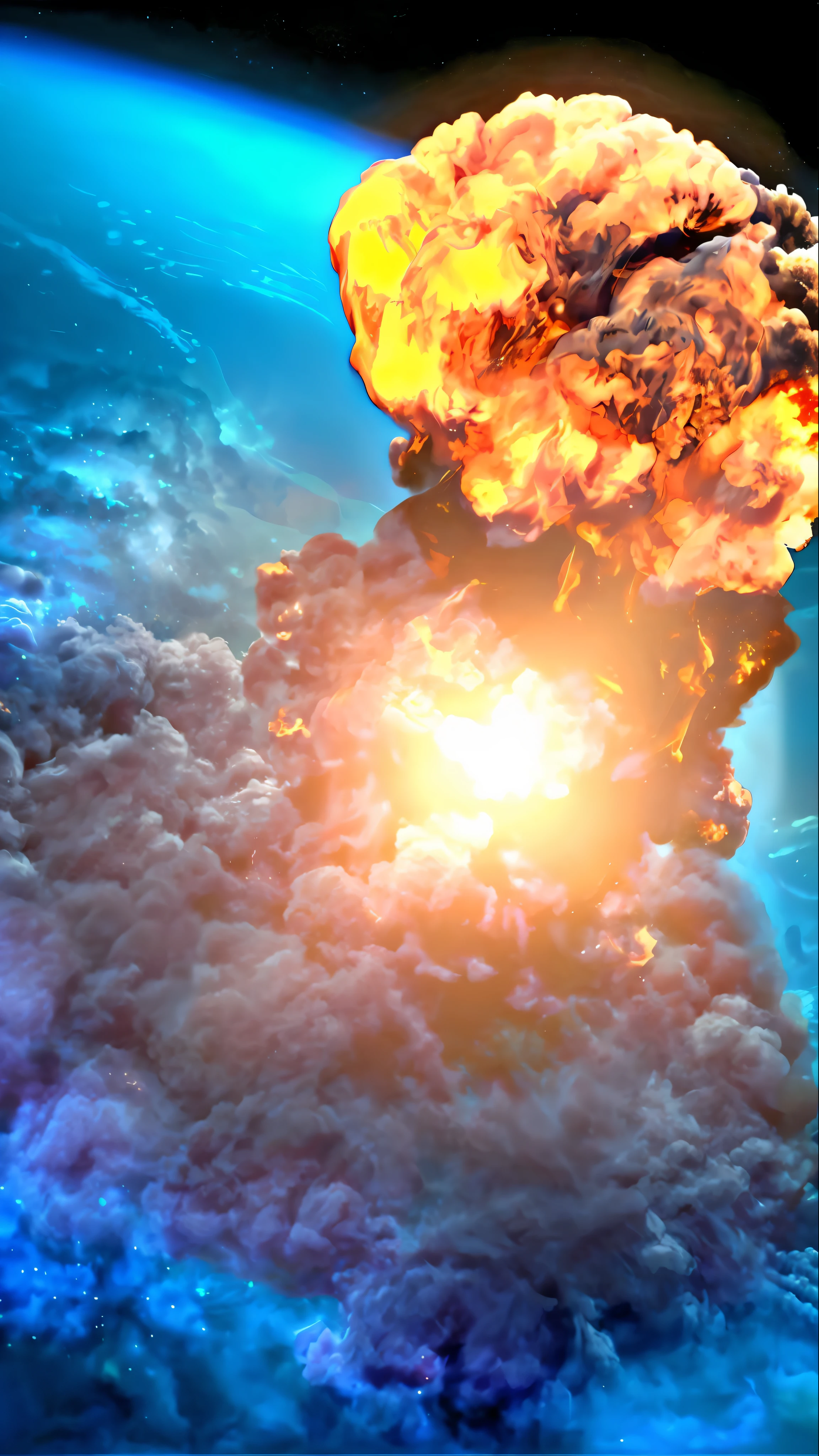 a close up of a large mushroom cloud in the sky, nuclear explosion background, nuclear explosions paint sky, nuclear explosion from space, bomb explosion, apocalyptic spherical explosion, nuclear bomb explosion, nuclear explosion, nuclear explosion on the horizon, looks at the big explosion, explosion in background, big explosion on the background, nuclear cloud, nuclear bomb blast, large explosions
