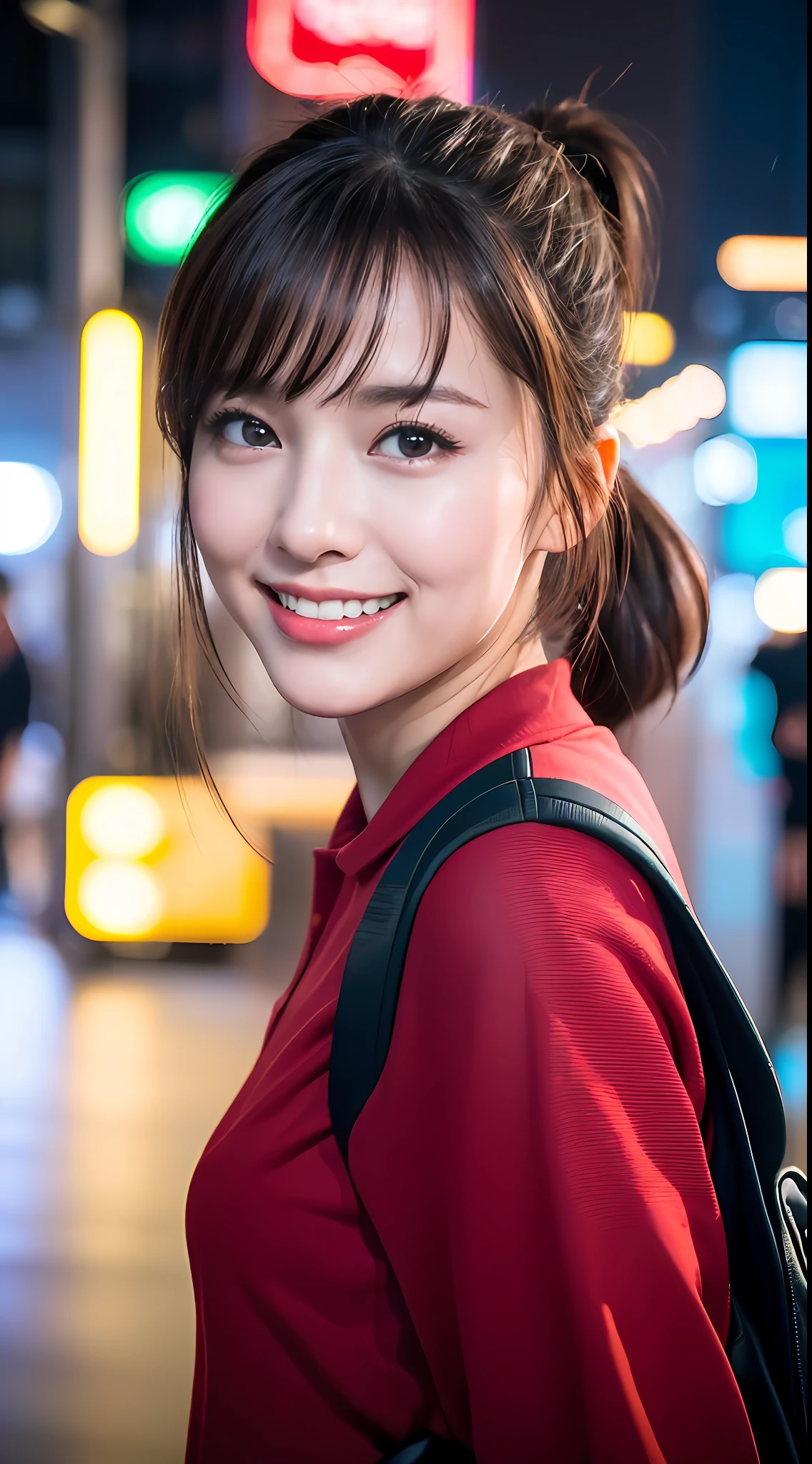 (8k, RAW photos, best quality, high resolution: 1.1), (ultra-realistic: 1.4), (realistic, photorealistic: 1.3), soft light, big girl, realistic face, realistic body, realistic skin, ponytail, absurdity, masterpiece, (cute: 1.8), cuties, solo, (large: 1.2), detailed black eyes, innocent eyes, cheeks, (polo shirt: 1.2), Cinema Light, Film Grain, (((Rucksack: 1.1)), Cherry Colored Lips, Close-up, Look Viewer, Upper Body, Open Lips, Upper Teeth, (Smiling Eyes: 0.6), ((grinning: 1.2)), Depth of Field, Blurred Background, Eye Focus, Bokeh, Midnight, Shinjuku, Neon Sign, Cyberpunk, Rain, 85mm Lens, f/1.4, Professional Lighting, Young, Portrait, photon mapping, radiosity, physically based rendering