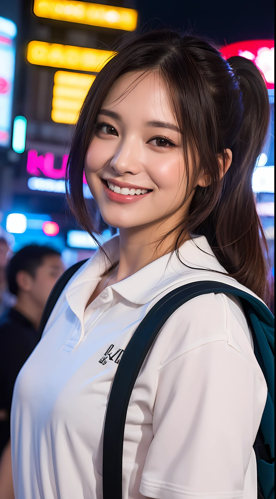 (8k, RAW photos, best quality, high resolution: 1.1), (ultra-realistic: 1.4), (realistic, photorealistic: 1.3), soft light, big girl, realistic face, realistic body, realistic skin, ponytail, absurdity, masterpiece, (cute: 1.8), cuties, solo, (large: 1.2), detailed black eyes, innocent eyes, cheeks, (polo shirt: 1.2), Cinema Light, Film Grain, (((Rucksack: 1.1)), Cherry Colored Lips, Close-up, Look Viewer, Upper Body, Open Lips, Upper Teeth, (Smiling Eyes: 0.6), ((grinning: 1.2)), Depth of Field, Blurred Background, Eye Focus, Bokeh, Midnight, Shinjuku, Neon Sign, Cyberpunk, Rain, 85mm Lens, f/1.4, Professional Lighting, Young, Portrait, photon mapping, radiosity, physically based rendering