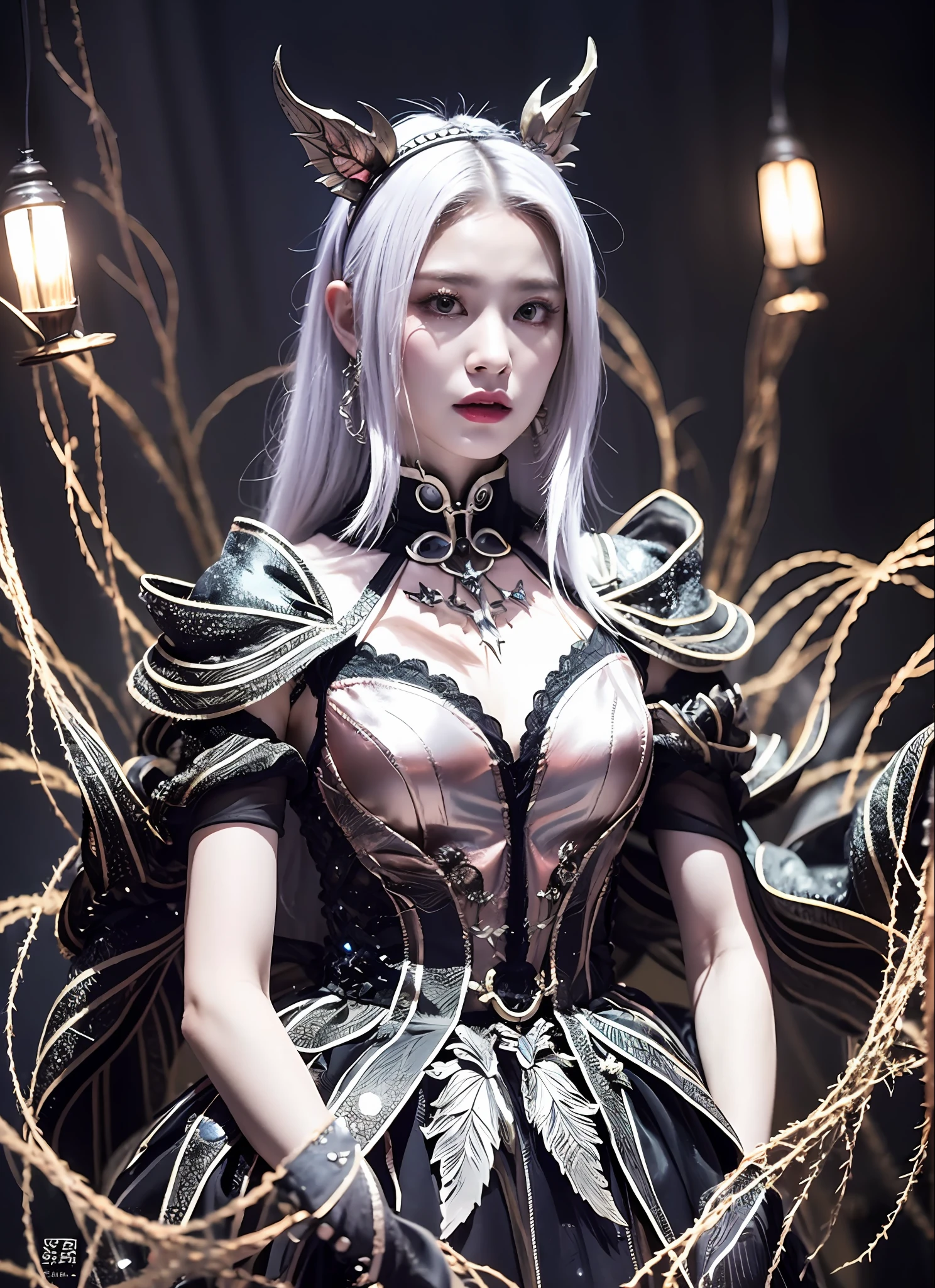 Generate works of women with high quality, dark and mad worlds centered on white with strong fantasy elements. She has an eerie and charming figure and is dressed in a full-body white fashion style. The background is a fantastic fantasy world, where magical lights dance, strange creatures and magical plants are present. Her figure is mysterious, with a dark and mad vibe in harmony with the essence of fantasy. The effects of light and shadow are skillfully expressed, and the details, faces and expressions of the white costumes are meticulously drawn, further emphasizing the fantasy elements. The overall atmosphere is mysterious and enchanting, yet it has its own artistic touch. The work is vividly projected in blacks and dark tones, evoking visual stimuli and aesthetics, and giving the viewer an interest and mysterious charm. We create high-quality works that weave fantasy elements into a dark and mad worldview.