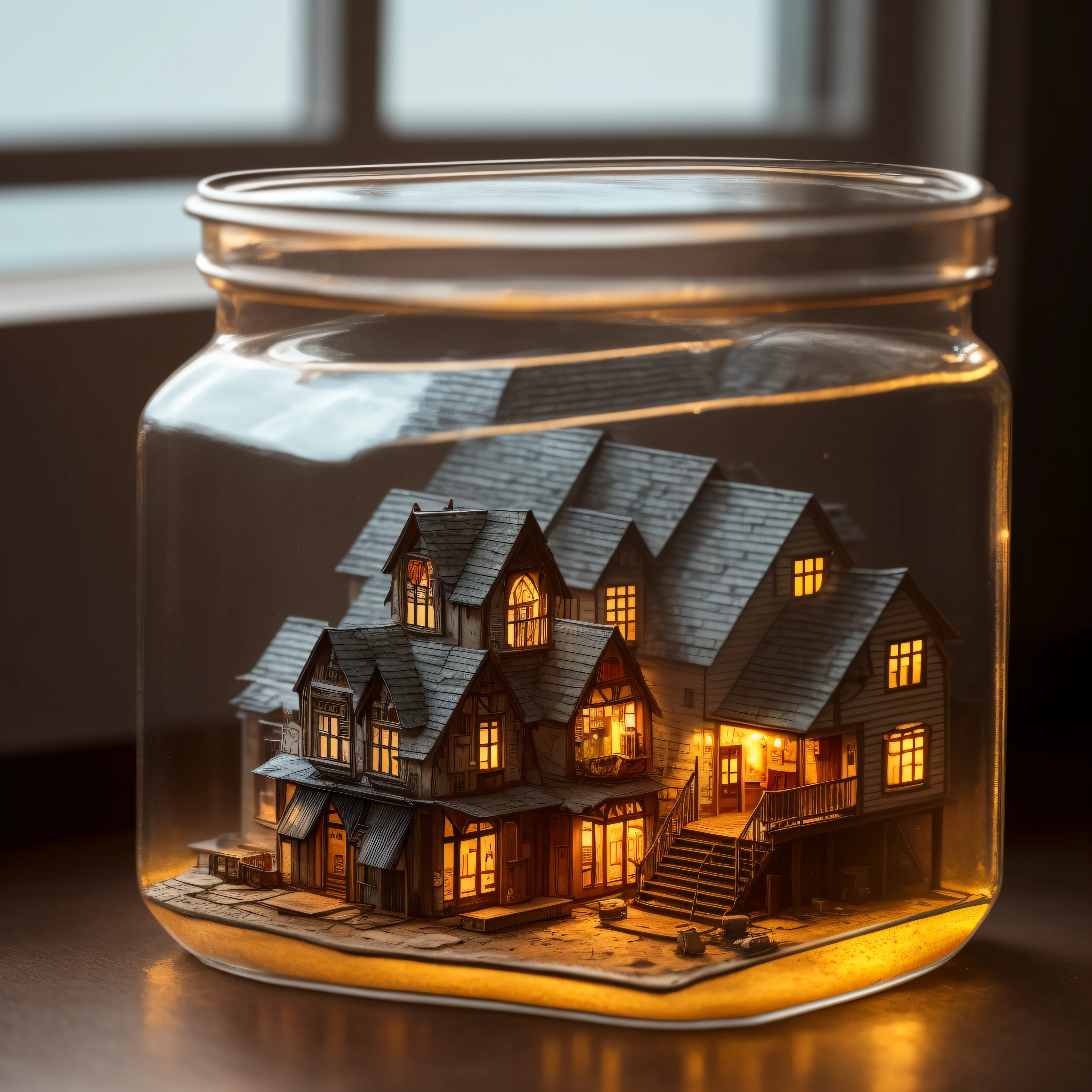 a marine city tucked inside a square glass jar with lid, placing on the windowsill, extremely detailed, 8K, apocalyptic punk style, miniatures, close-up macro photography --auto