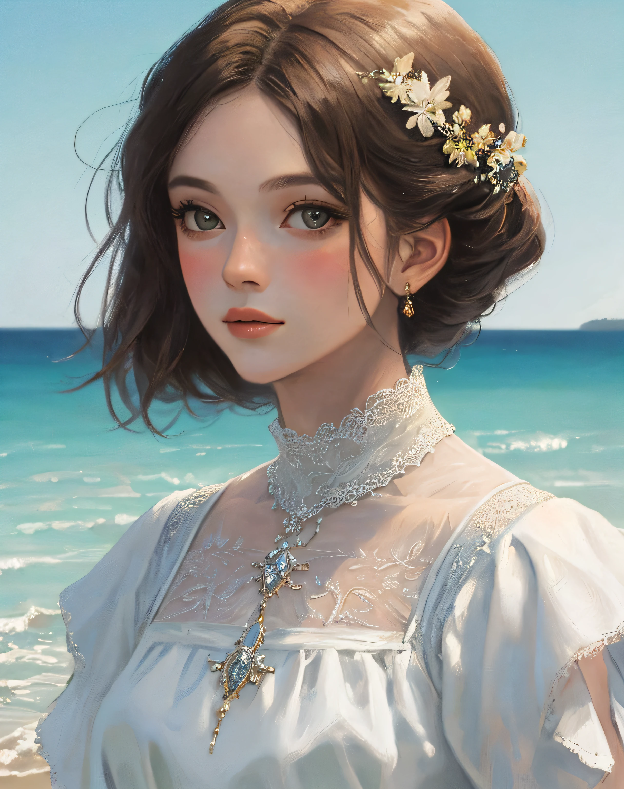 artistic portrait of a beautiful woman, masterpiece,beach scene,white dress,close up