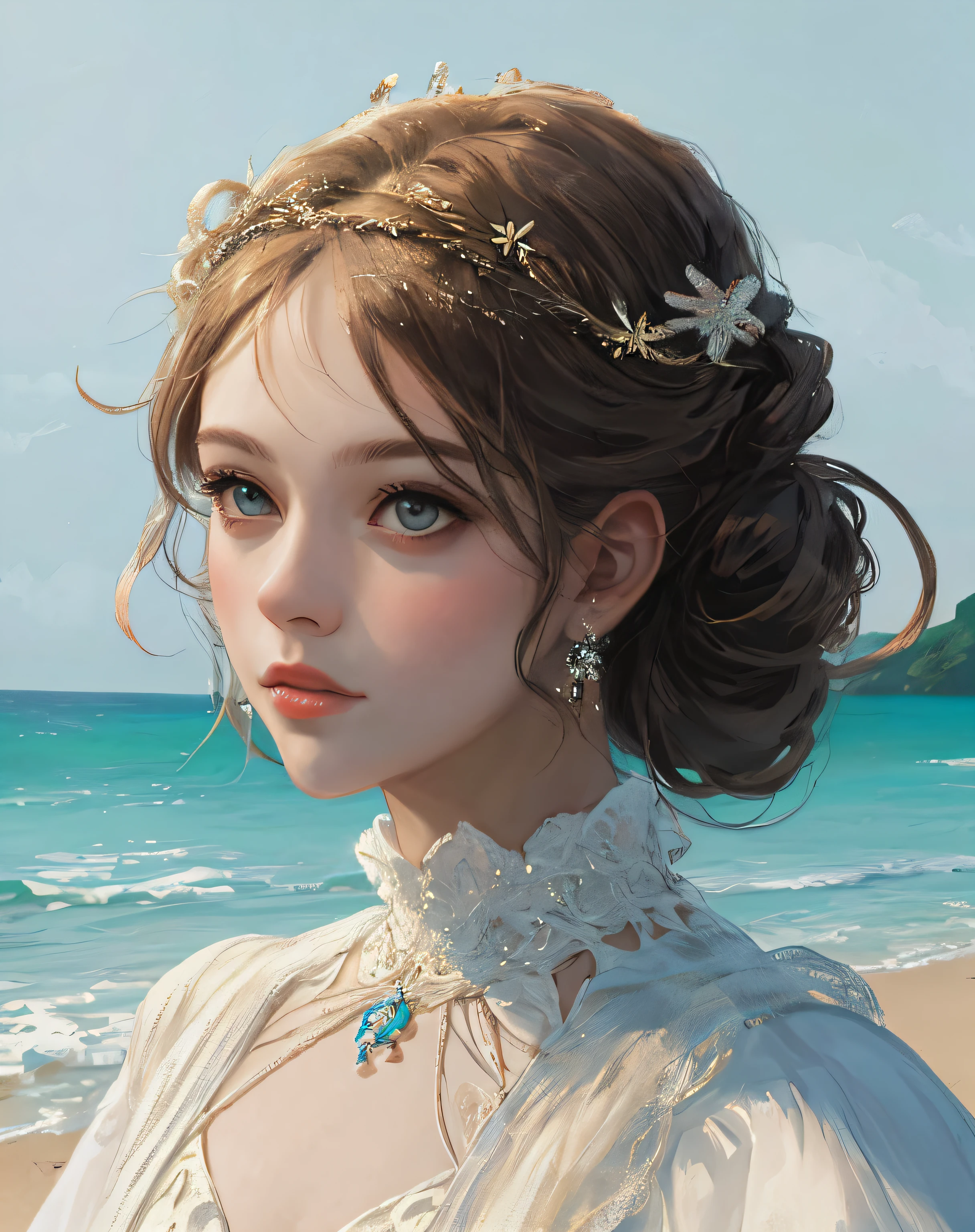 artistic portrait of a beautiful woman, masterpiece,beach scene,white dress,close up
