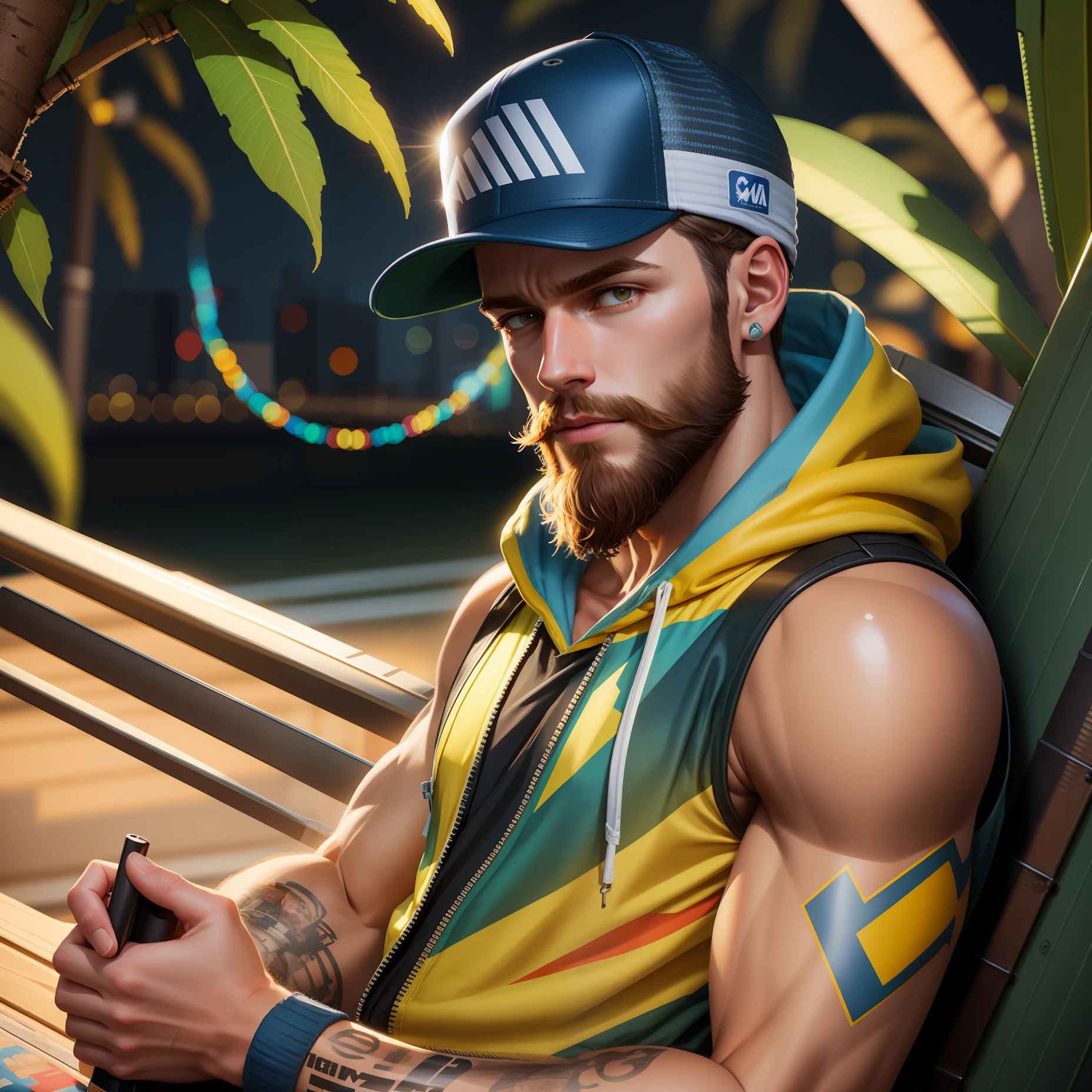 White man sitting on forklift, with cap on his head hyperrealistic