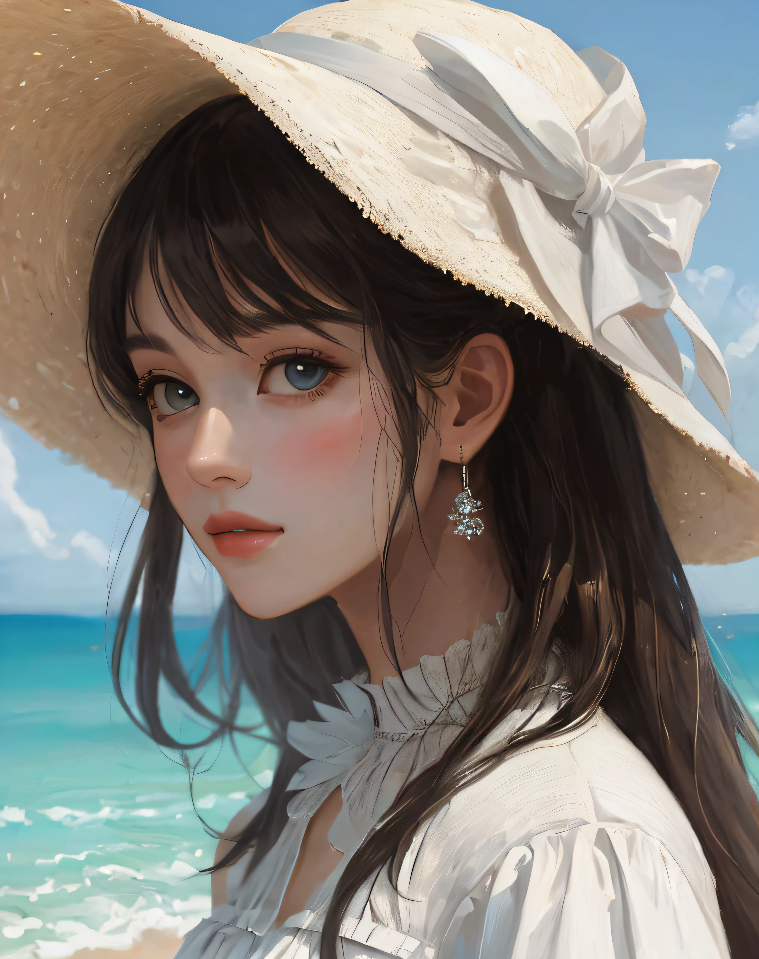 artistic portrait of a beautiful woman, masterpiece,beach scene,white dress,close up