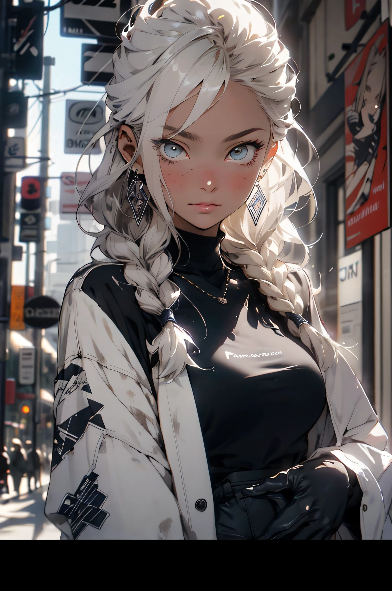 Realistic, (masterpiece, top quality, best quality, official art,), very detailed, most detailed, (1girl:1.6), ((full body portrait))), gods, ((white dirty braided hairstyle)), mysterious, pistol, military elements, beautiful European and American black skin woman, delicate facial features, ((fashion design trend elements)), fur coat, accessories, earrings, early morning ambient light, granules, luminous paint, flares