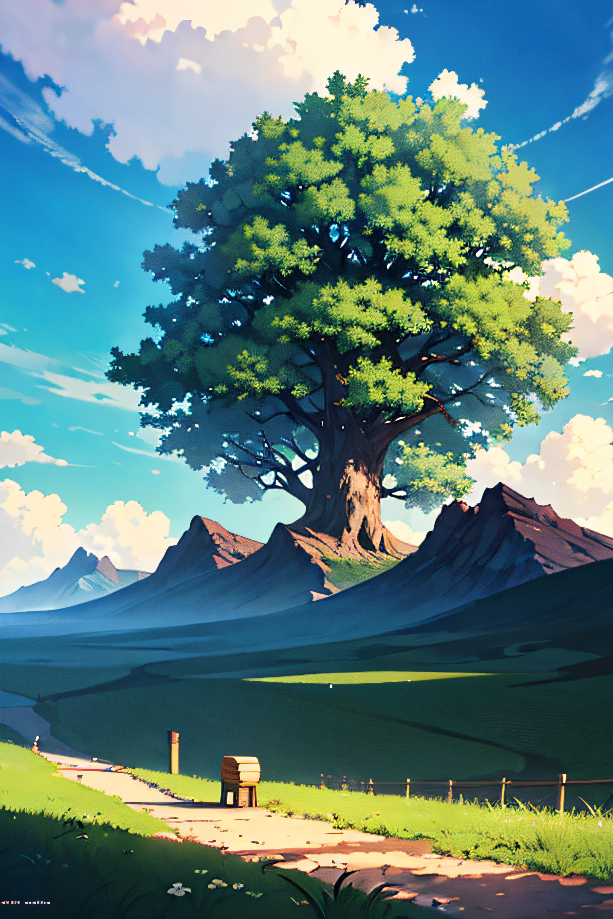 Conceptart, Concept Art, Samia, tree, scenery, cloud, outdoors, sky, day, mountain, grass, nature, mksks style, best quality, perfect