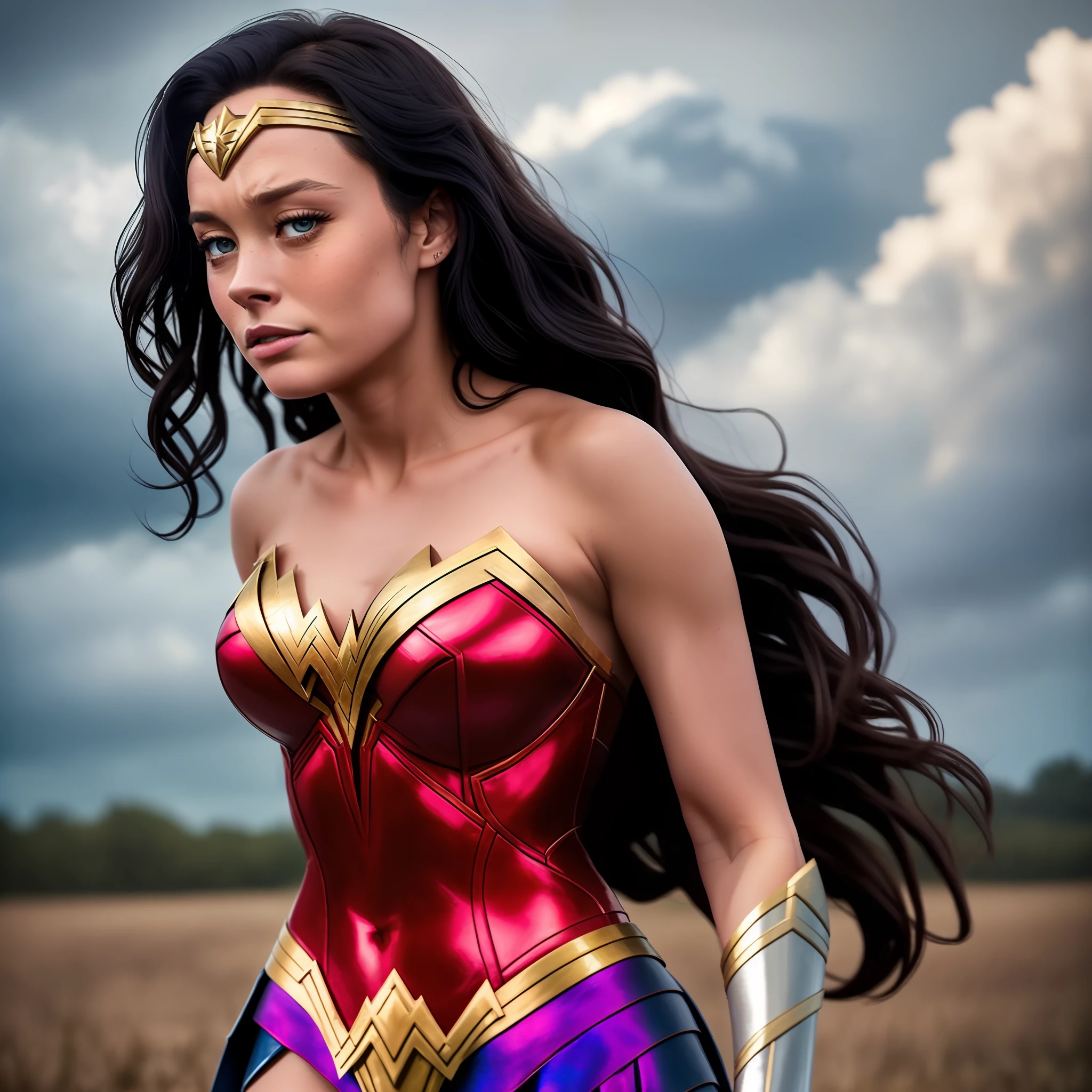 Photo of Brie Larson in Wonder Woman Costume, Brie Larson as Wonder Woman, DC, Simple Photo, 8k, 32k, Great Quality, Looking at Viewer,Cloudy Clouds, Lighting Blur, Photography, Blonde Hair, Movie Poster --auto