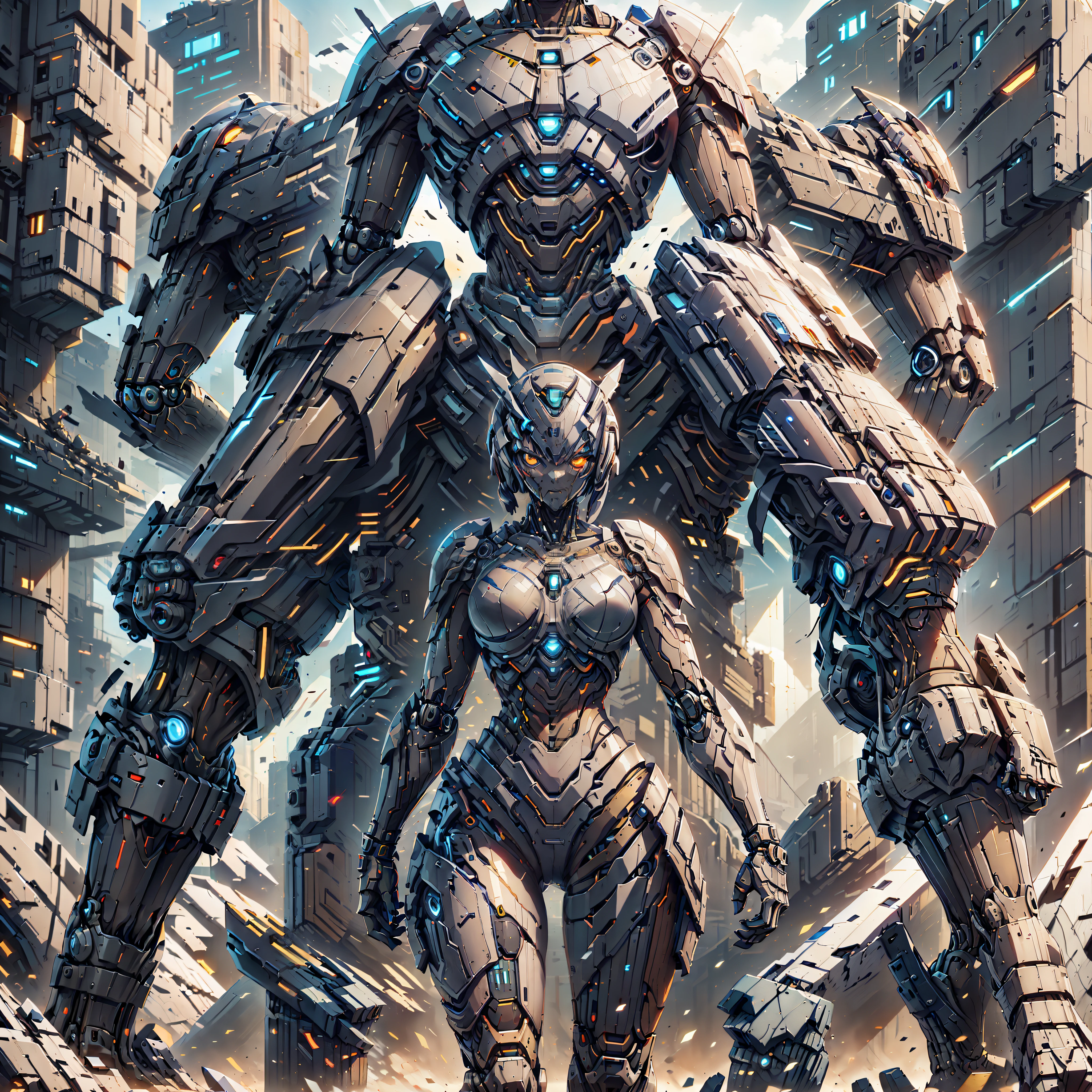 araffes in a futuristic suit standing next to a giant robot, girl in mecha cyber armor, female mecha, cgsociety and fenghua zhong, mecha suit, cybersuits, mecha human, cyberpunk anime girl mech, high definition cgsociety, perfect android girl, mechanized valkyrie girl, trending in cgsociety