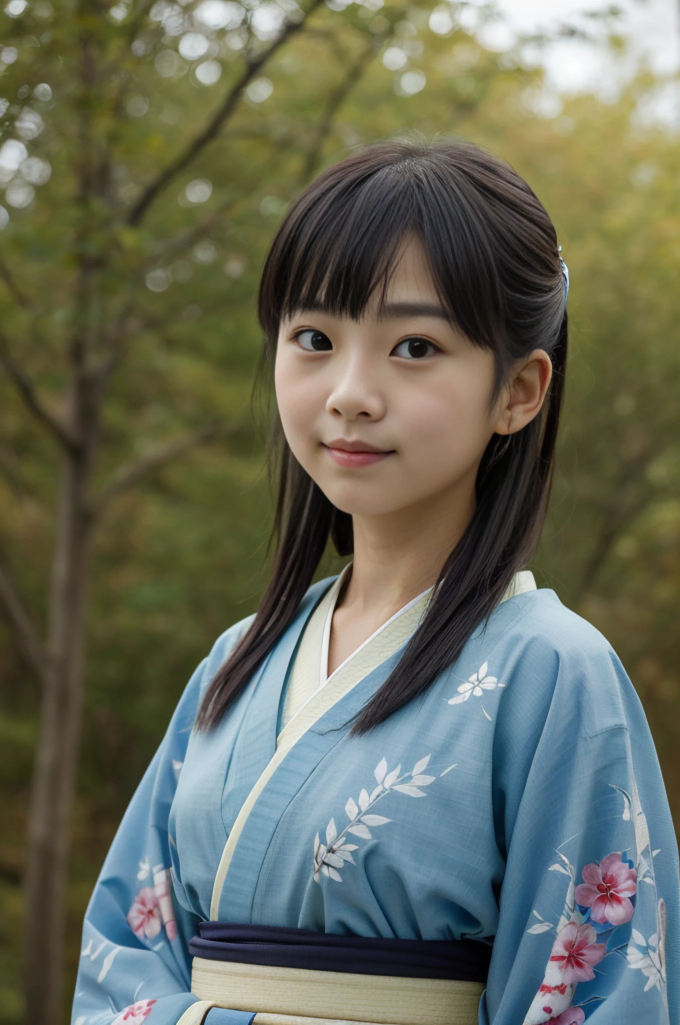 ((Best Quality, 8K, Masterpiece: 1.3)), (Sharp Focus, Hasselblad Photography), (Slender Abs Beauty: 1.0), (Shiny Skin: 1.0), Realistic Photography, Black Hair, Realistic Pupils, Video Lighting, High Definition Eyes and Face, Video Lighting, (Cowboy Shot: 1.3), (Kimono, Hakama, Obi: 1.4), (Japan Cute Actress), (Round Face: 1.2), Bangs, In nature, traditional kimono, gentle look, looking at the audience, from the front,