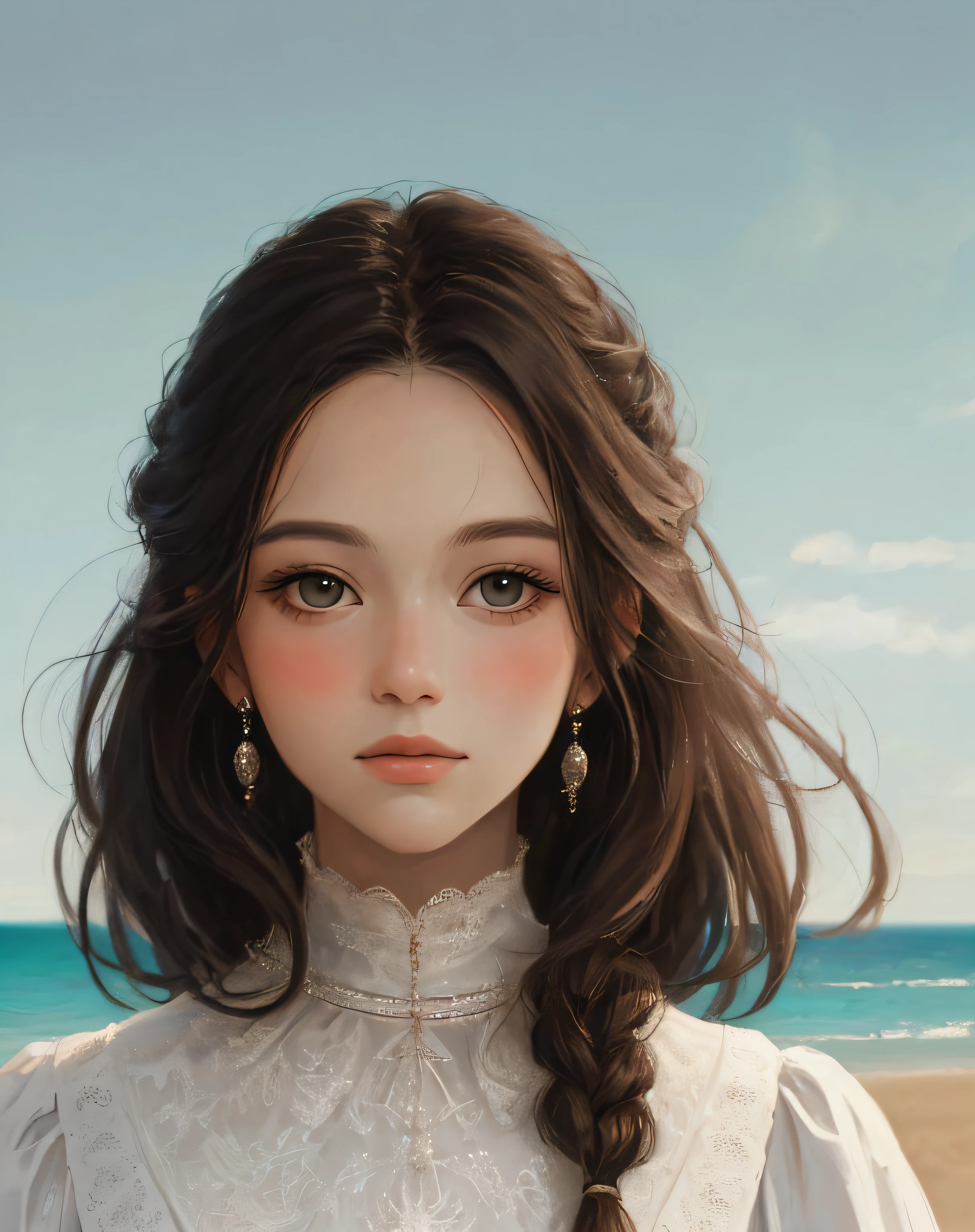 artistic portrait of a beautiful woman, masterpiece,beach scene,white dress,close up