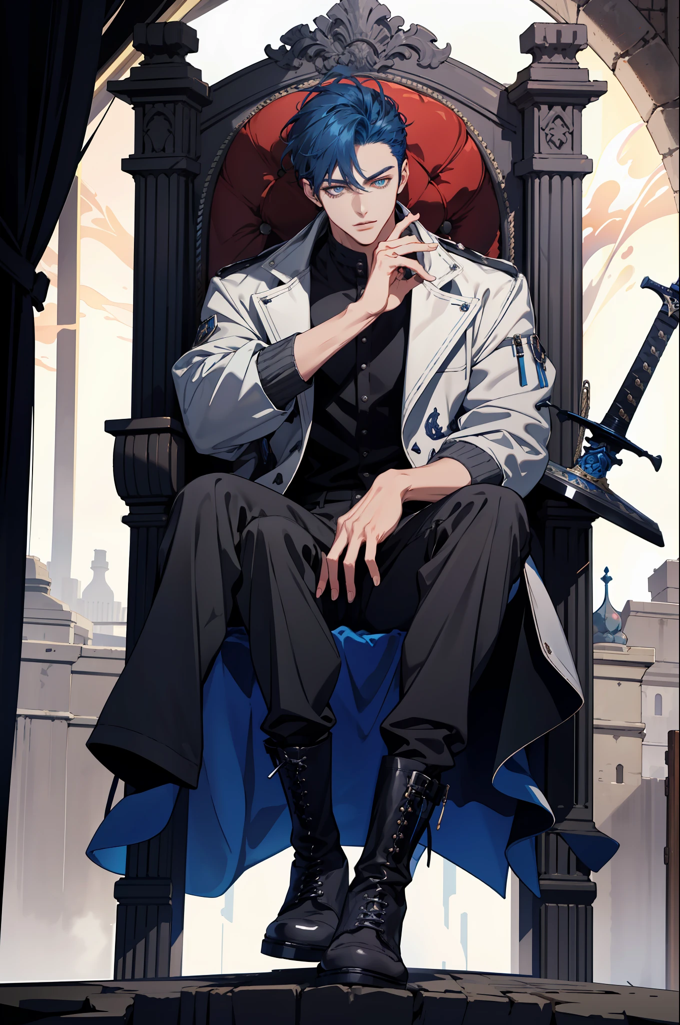(absurdres, highres, ultra detailed), 1 male, adult, handsome, beautiful eyes, average height muscular guy, finely detailed eyes and detailed face, medium length blue hair, grey biker jacket, black pants, doc martin boots, fantasy, magnificent background, throne, magic effect, flame, detailed fantasy sword leaning on throne,