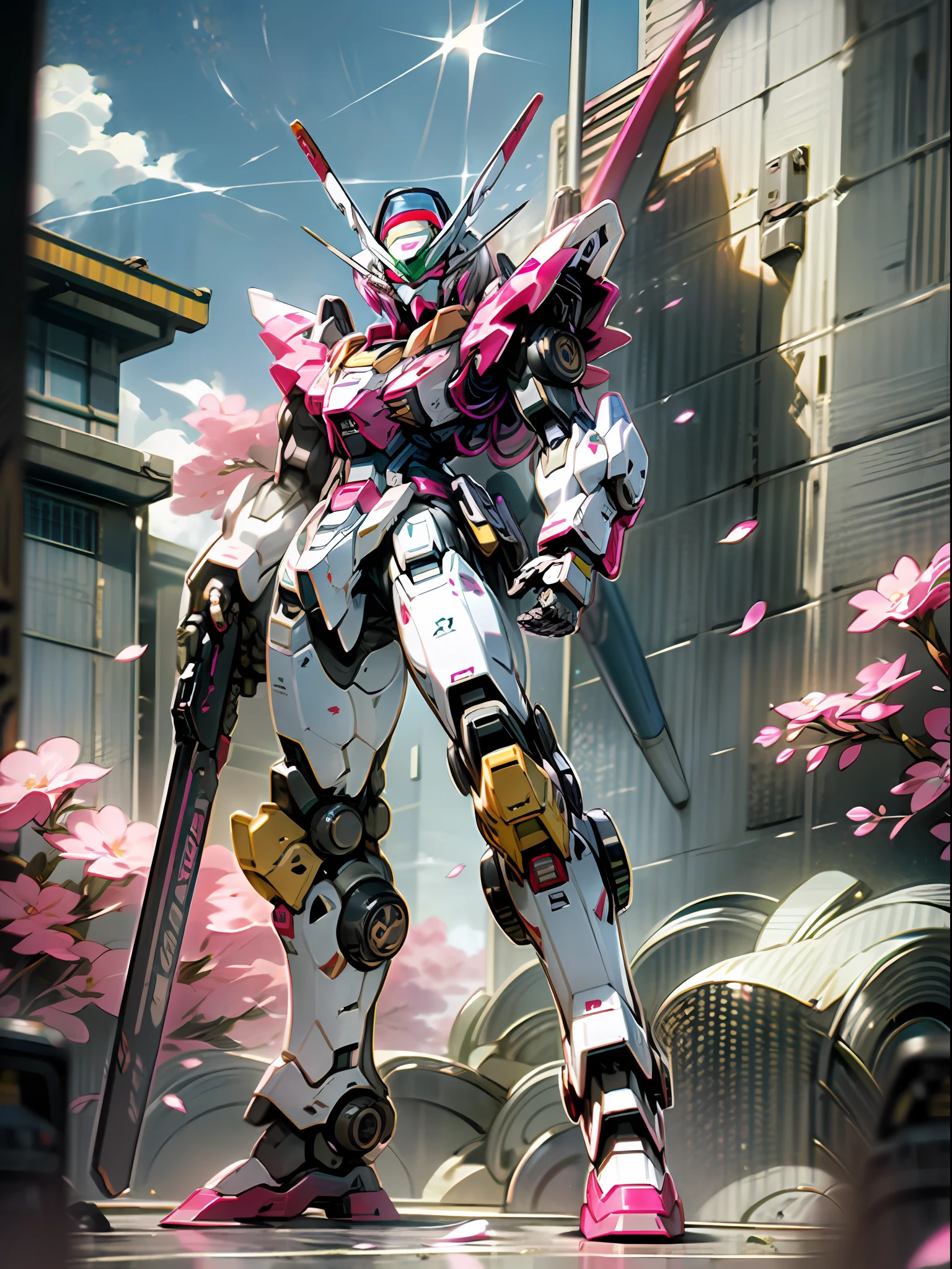 ((Best Quality)), ((Masterpiece)), (Very detailed: 1.3), 8K, cool painting, full of sci-fi, holding Gatling gun pink reload Gundam, streamlined pink armor, complex weapons and equipment on the back, Gundam humanoid mech, anime mech aesthetic, perfect body proportions, frontal standing posture, white clouds in the sky, cherry blossom pink background, looking up, ray tracing, light particles, NVIDIA TRTX, super resolution, Unreal 5, anime quadratic style, subsurface scattering, specular and albedo maps, rule of thirds, large aperture, battle stance.