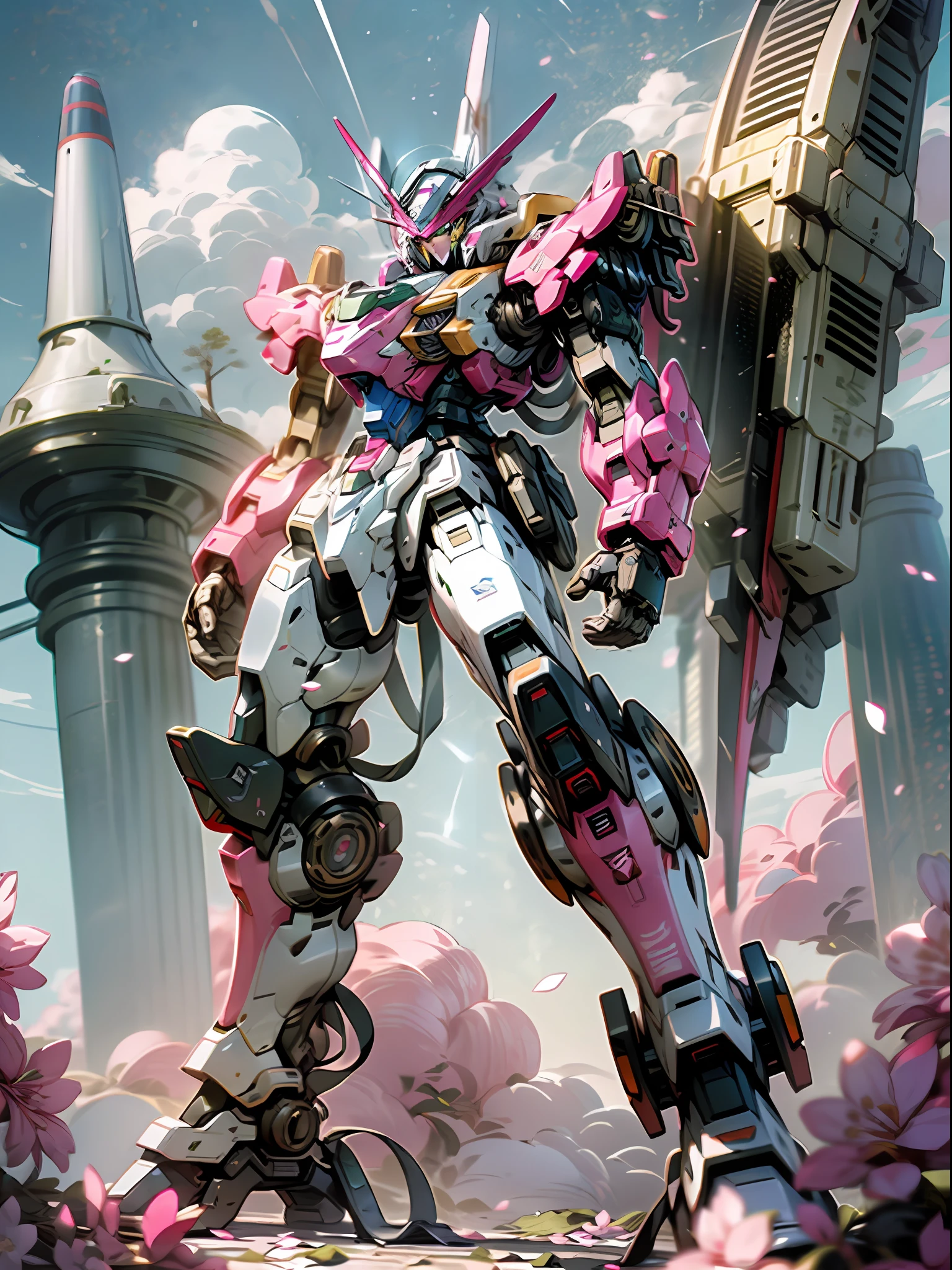 ((Best Quality)), ((Masterpiece)), (Very detailed: 1.3), 8K, cool painting, full of sci-fi, holding Gatling gun pink reload Gundam, streamlined pink armor, complex weapons and equipment on the back, Gundam humanoid mech, anime mech aesthetic, perfect body proportions, frontal standing posture, white clouds in the sky, cherry blossom pink background, looking up, ray tracing, light particles, NVIDIA TRTX, super resolution, Unreal 5, anime quadratic style, subsurface scattering, specular and albedo maps, rule of thirds, large aperture, battle stance.