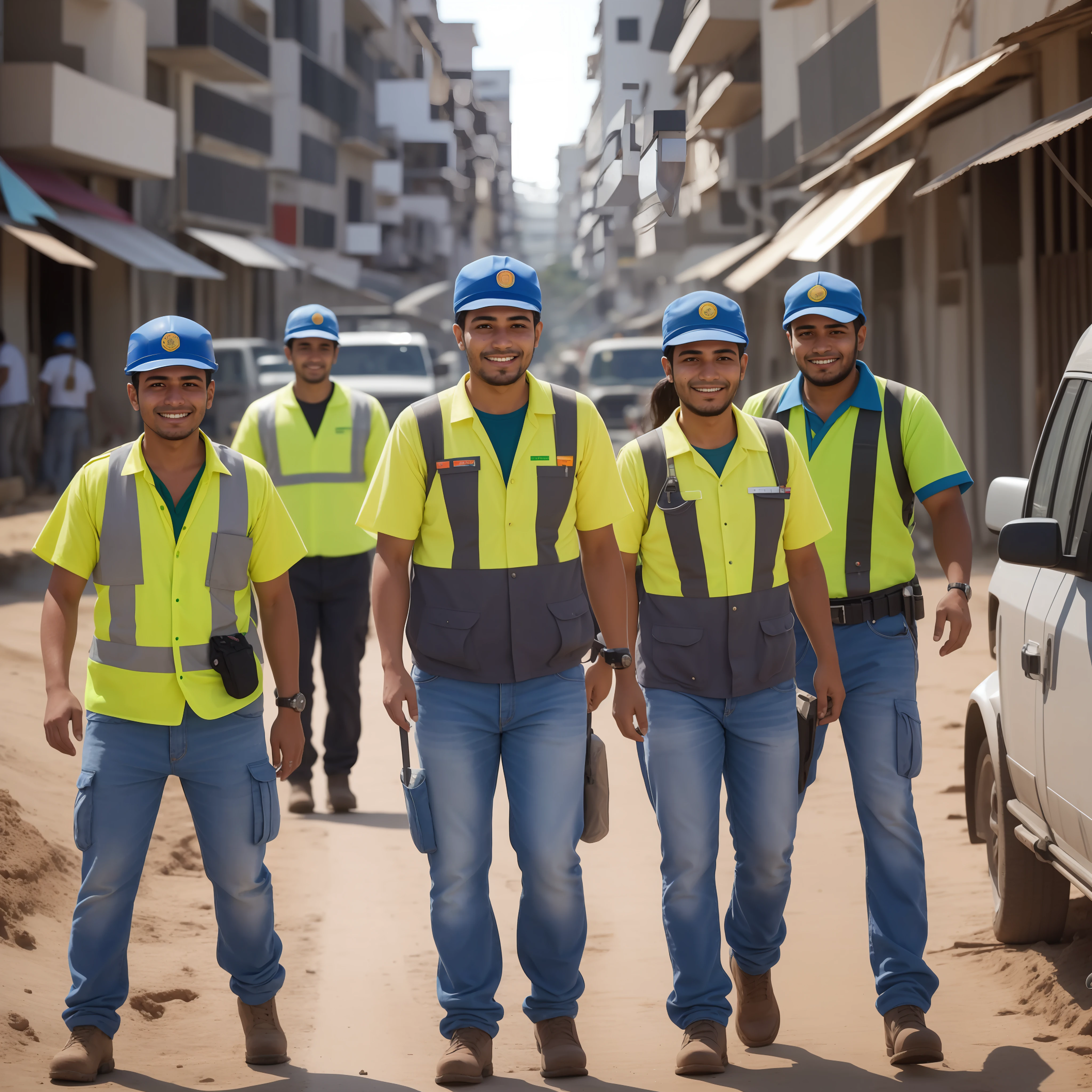 Several Brazilian workers, uniformed in several different professions, smiling, looking forward.
