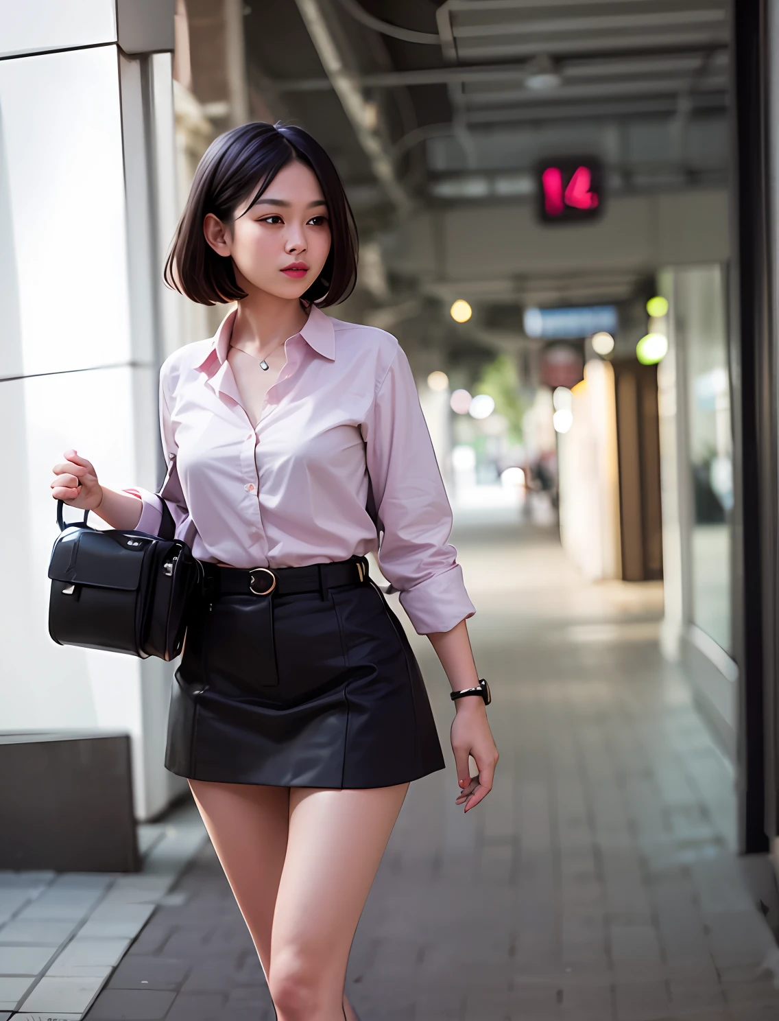 Asian Woman Street, Model Shooting Style, Full Body, 1.2 Bokeh, Casual Miniskirt, Beijing Street, Collared Shirt, Role Play Photo, Depth of Field, Ambient Lighting, (Natural Pink Lips), Beautiful Eyes, (Eye Makeup: 1.2, Short Loose Black Hair, (Head in Lens: 1.3), DSLR, High Quality RAW Color Photo, 4K, Telephoto Lens, Sharp, Film Grain