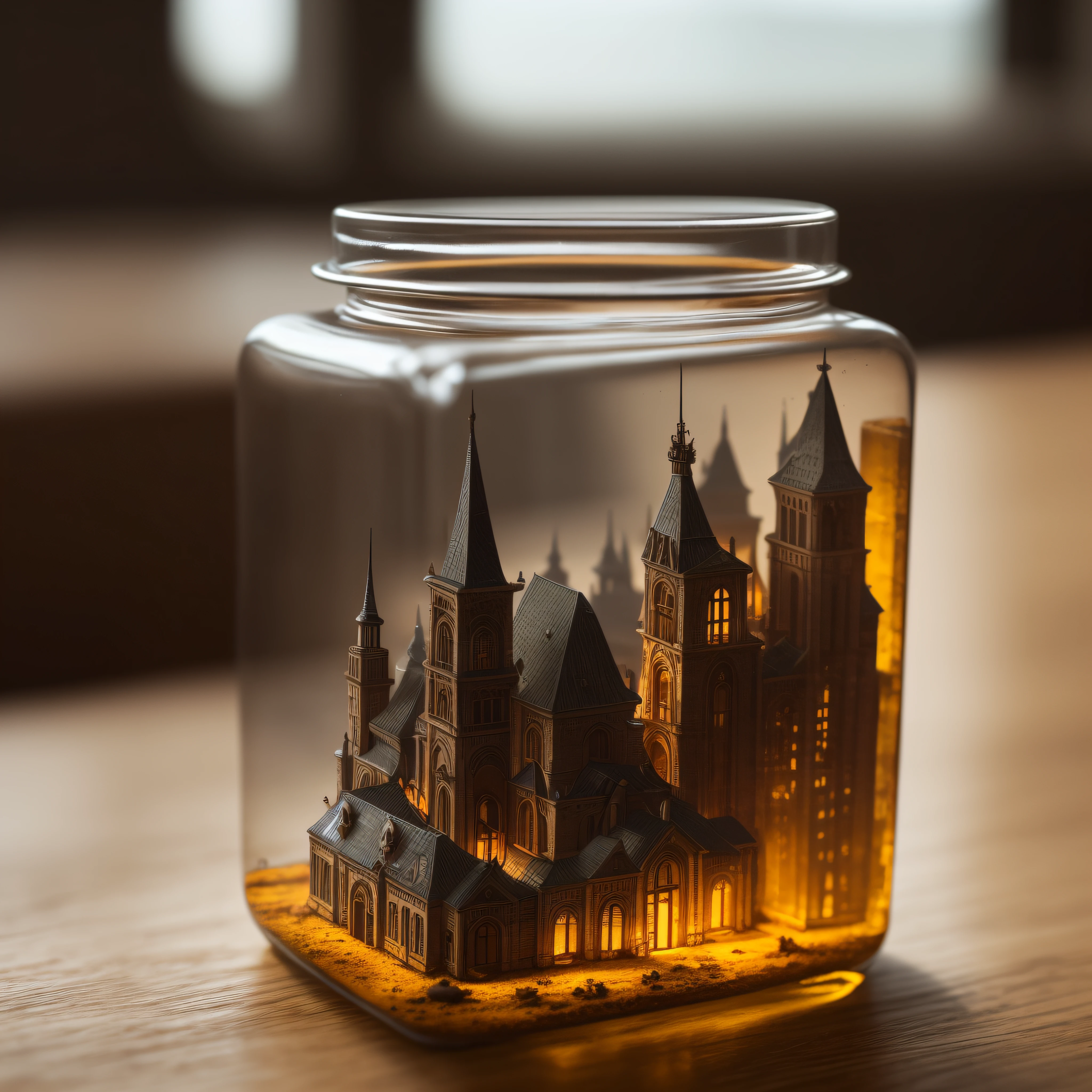 a marine city tucked inside a square glass jar with lid, placing on the windowsill, extremely detailed, 8K, apocalyptic punk style, miniatures, close-up macro photography --auto