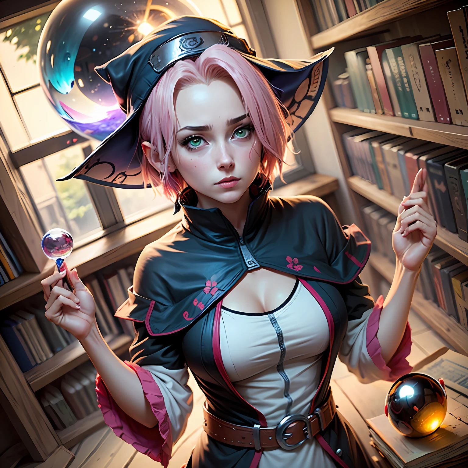 SakuraSN, from the anime Naruto Shippuden, young adult, on a mission, in the forest, 8K, her eyes are green and her hair pink, her hair is short, her features are delicate and beautiful, Sakura haruno (naruto anime), woman, concentrated, elegant and admirable. wearing a red sleeveless blouse and a light pink skirt, red bandana in her hair, small breasts, serious, looking at the viewer