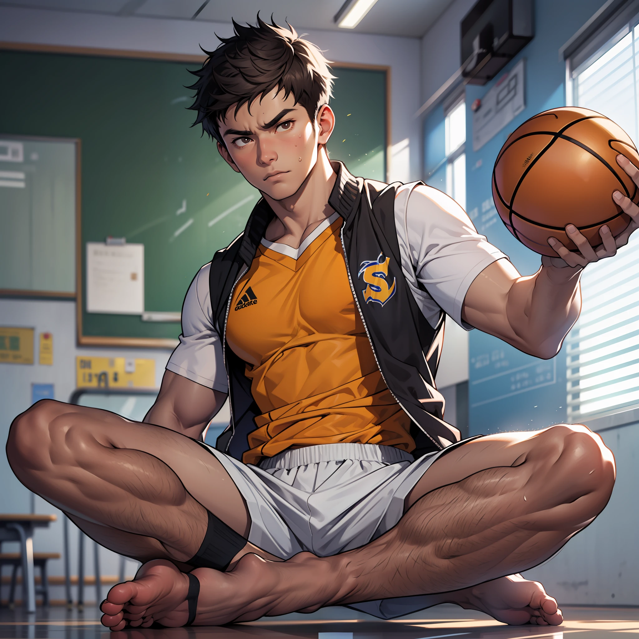 Sports student, basketball suit, vest, a youth, Asian, high school student, classroom, brown skin, serious expression, hot air, shut up, holding basketball, abs, full body, single, barefoot, smelly feet, athlete's foot, black socks, sit, take off pants, muscular