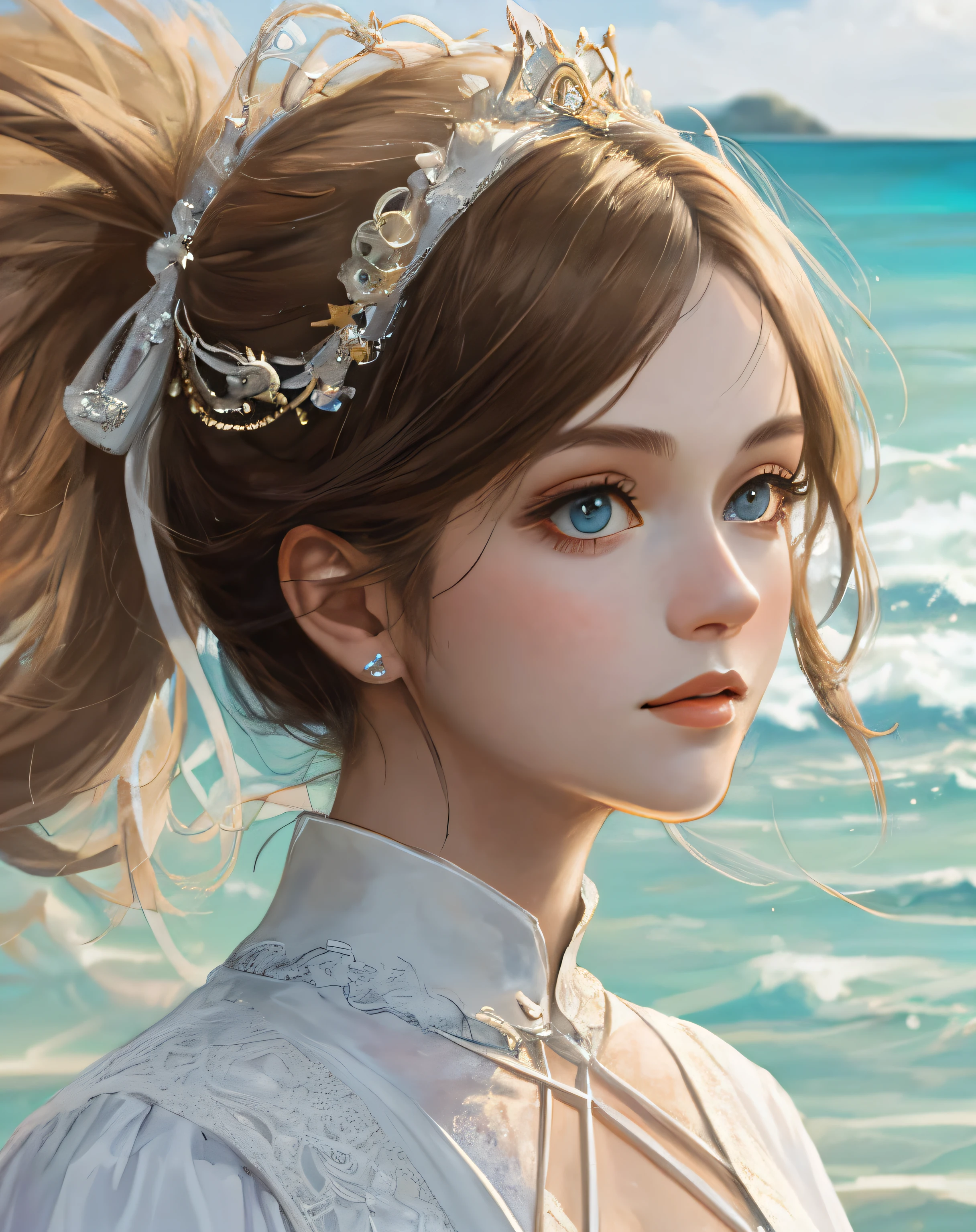 artistic portrait of a beautiful woman, masterpiece,beach scene,white dress,close up