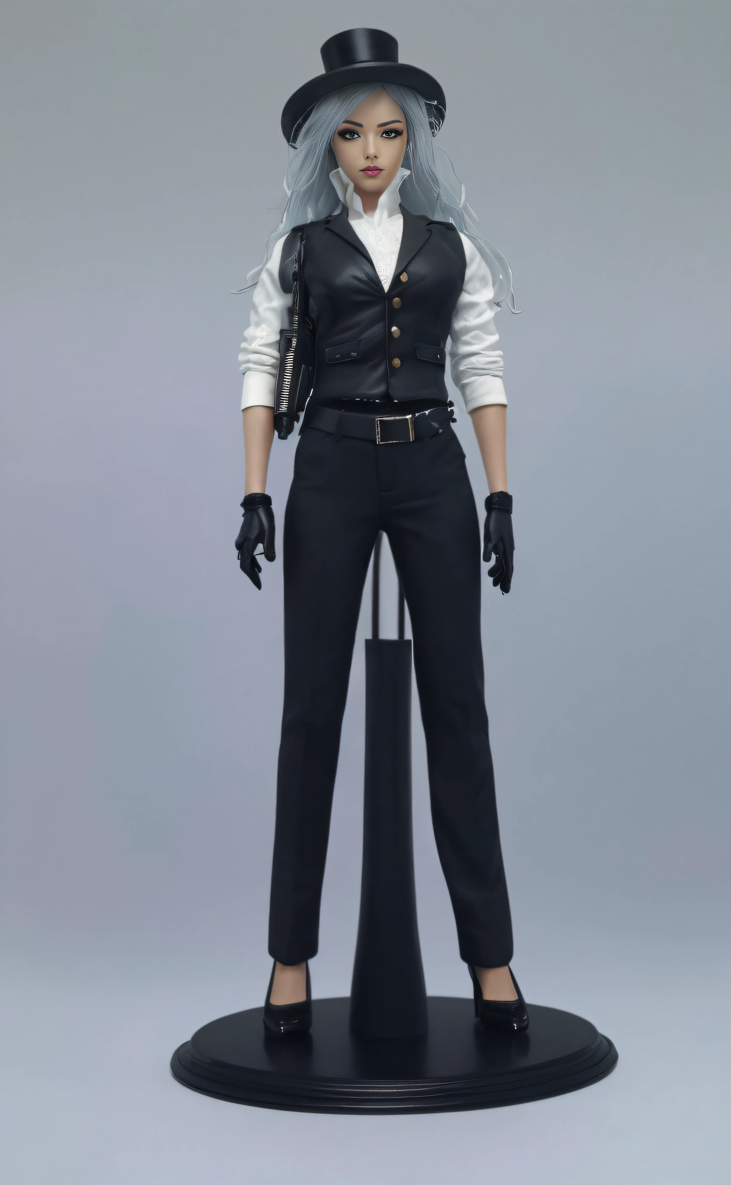 there is a woman in a black suit and hat with a gun, detailed image, mechanic punk outfit, suit vest and top hat and gloves, full body 1 / 6 nihei tsutomu, very detailed and rich clothing, outfit: cop, detailed picture, detective clothes, female outfit, very detailed and high quality, ( highly detailed figure )