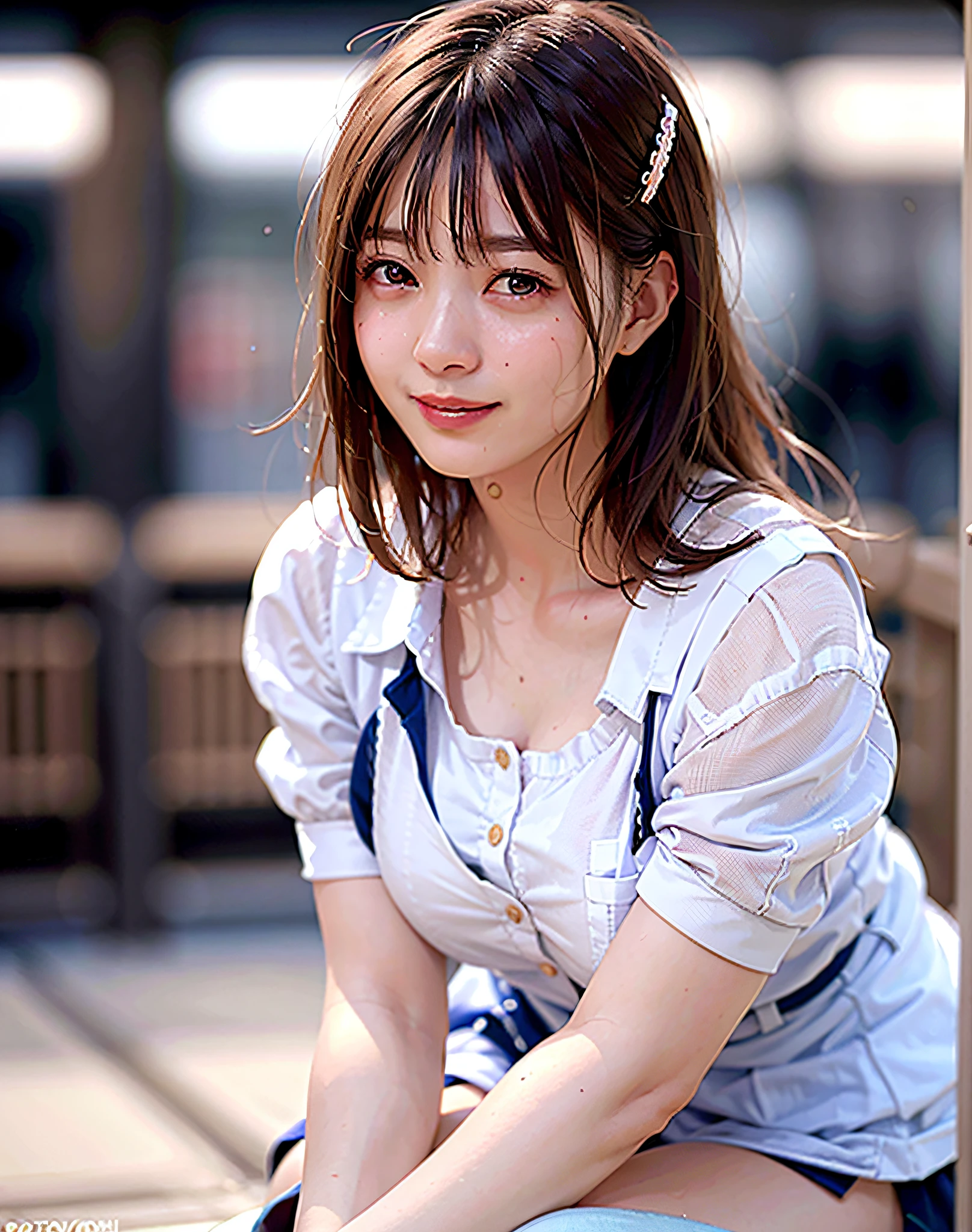 Top Quality, Photorealistic, 8k, High Definition, Girl, Woman, (Skin Dent), (Big Breasts), (Professional Lighting, Bokeh), (Street), (People, Crowd: 0.6), Market, (Night: 1.2), (Brown: 2.0), (Blouse: 1.5), (Portrait: 0.6), Gorgeous, Bloom, (Floating Hair), Braided Hair, (Dynamic Pose: 1.2) , Soft Lighting, (Masterpiece, BestQuality:1.1), (ultra detailed 8k cg:1.2), (hyperrealistic:1.35), (Photorealistic:1.45), (realistic:1.4), [cowboy shot], (Soft lighting), 1 beautiful Japanese girl, 20 years old, supermodel, Japanese Idol, (smile), Large Breasts, (Sweat skin:1.2), (school uniform:1.2), (sitting on ground:1.1), (spread legs, sucking, sucking,