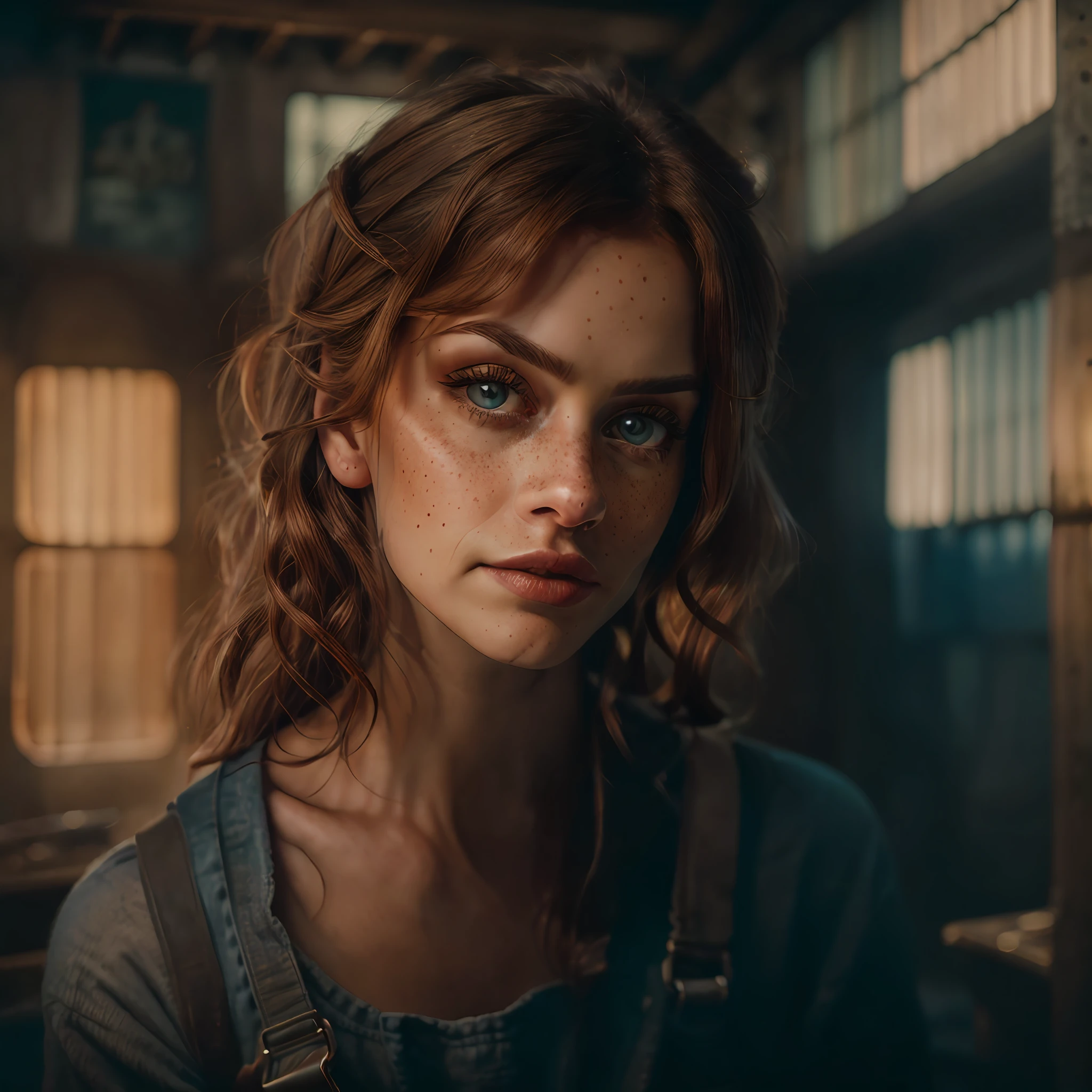 a professional portrait photo of a cute ginger woman, some freckles, Hasselblad award winner, omimoji, slate atmosphere, cinematic, dimmed colors, dark shot, muted colors, film grainy, lut, insane details, intricate details, hyperdetailed, twilight, wearing cute open overalls, glaring eyes,