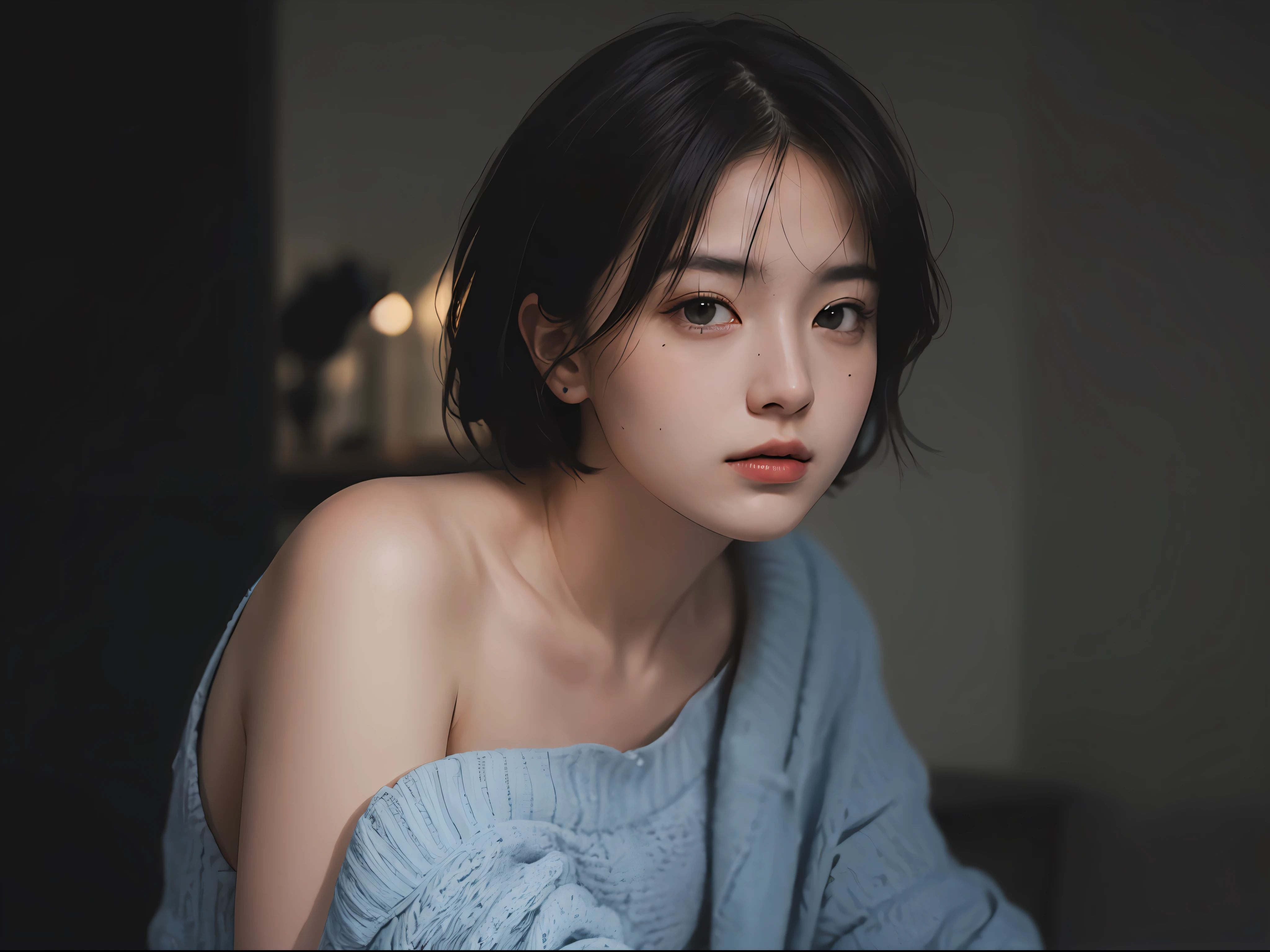 Best quality, masterpiece, ultra high res, (photorealistic:1.5), raw photo, 1girl, offshoulder, in the dark, deep shadow, low key, cold light, sexy look, short hair