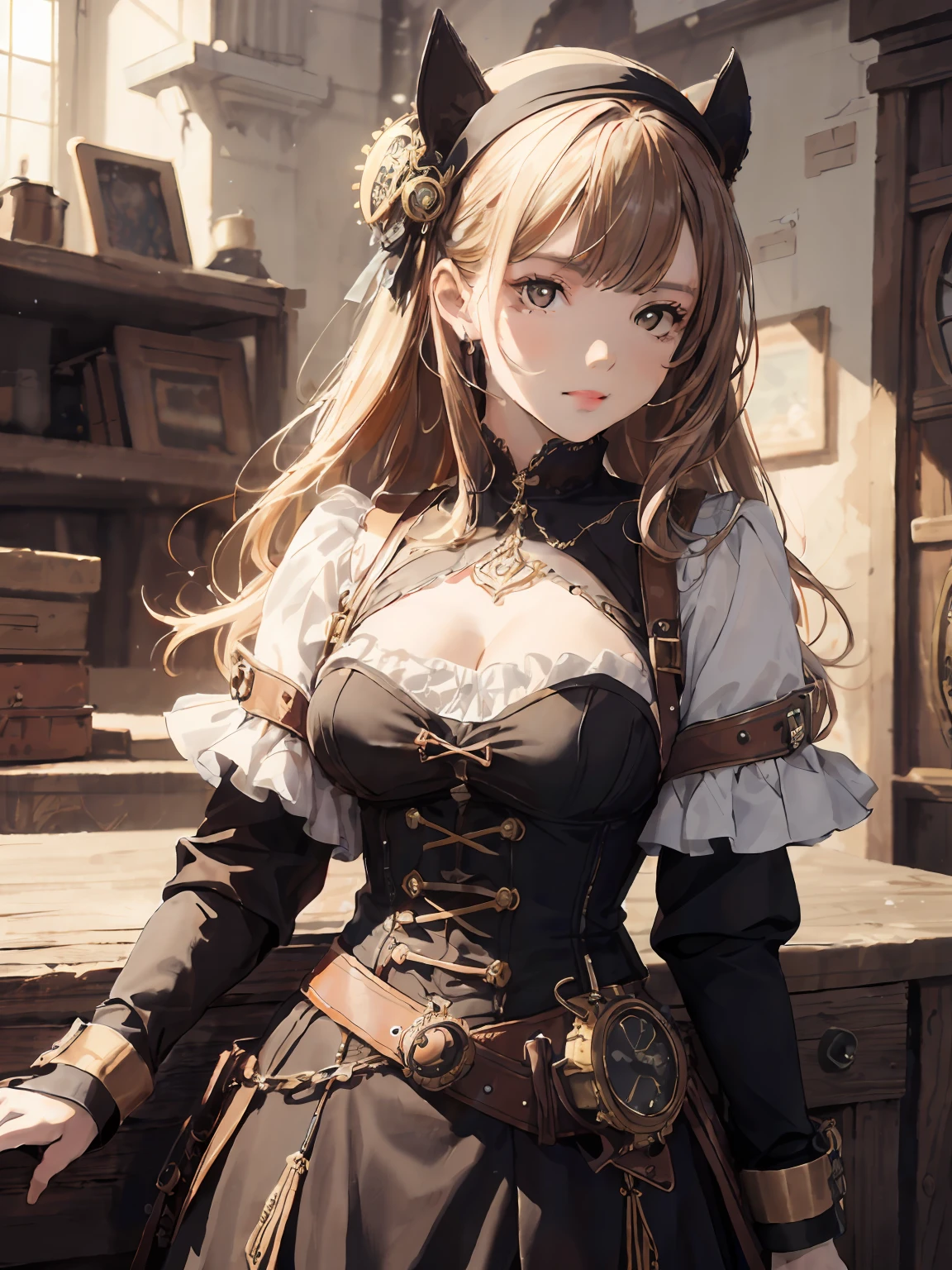absurdres, highres, ultra detailed, (1girl:1.3), hand drawn, simple line, girl in steampunk armor, steampunk style, beautiful girl, at the workshop, masterpiece, vintage, eath tone