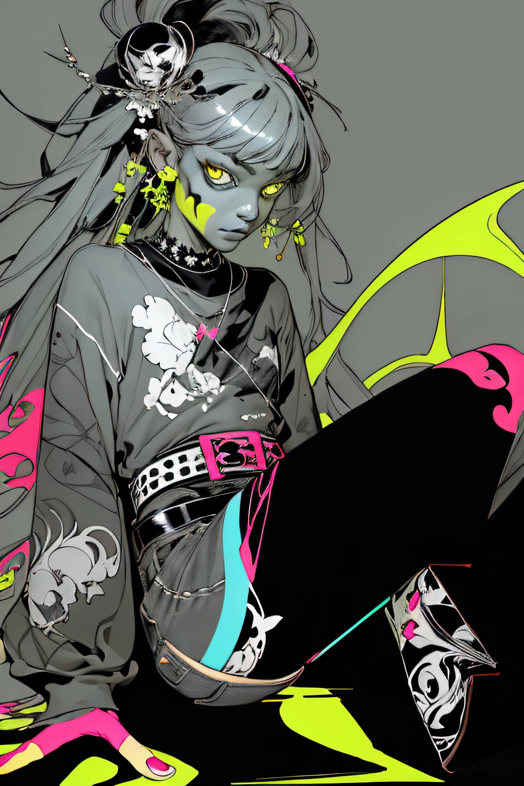 (flat color:1.3),(colorful:1.3),(masterpiece:1.2), best quality, masterpiece, original, extremely detailed wallpaper, sitting, extremely detailed wallpaper, absurdres, highres, illustration, 1girl, solo, (expressionless, emotionless), active pose, creative background, (abstract background), (long eye lashes), hair ornament, piercing, facial tattoo, fangs, blacklight, full body, neon, gray skin, punk, multiple belts,