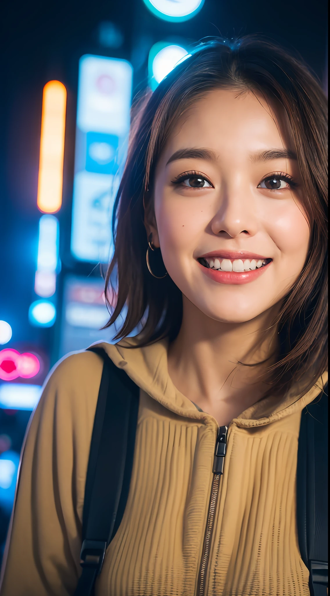 (8k, RAW photos, best quality, high resolution: 1.1), (ultra-realistic: 1.4), (realistic, photorealistic: 1.3), soft light, big girl, realistic face, realistic body, realistic skin, ponytail, absurdity, masterpiece, (cute: 1.8), cuties, solo, (large: 1.2), detailed black eyes, innocent eyes, cheeks, (one piece: 1.2), Cinema Light, Film Grain, (((Rucksack: 1.1)), Cherry Colored Lips, Close-up, Look Viewer, Upper Body, Open Lips, Upper Teeth, (Smiling Eyes: 0.6), ((grinning: 1.2)), Depth of Field, Blurred Background, Eye Focus, Bokeh, Midnight, Shinjuku, Neon Sign, Cyberpunk, Rain, 85mm Lens, f/1.4, Professional Lighting, Young, Portrait, photon mapping, radiosity, physically based rendering