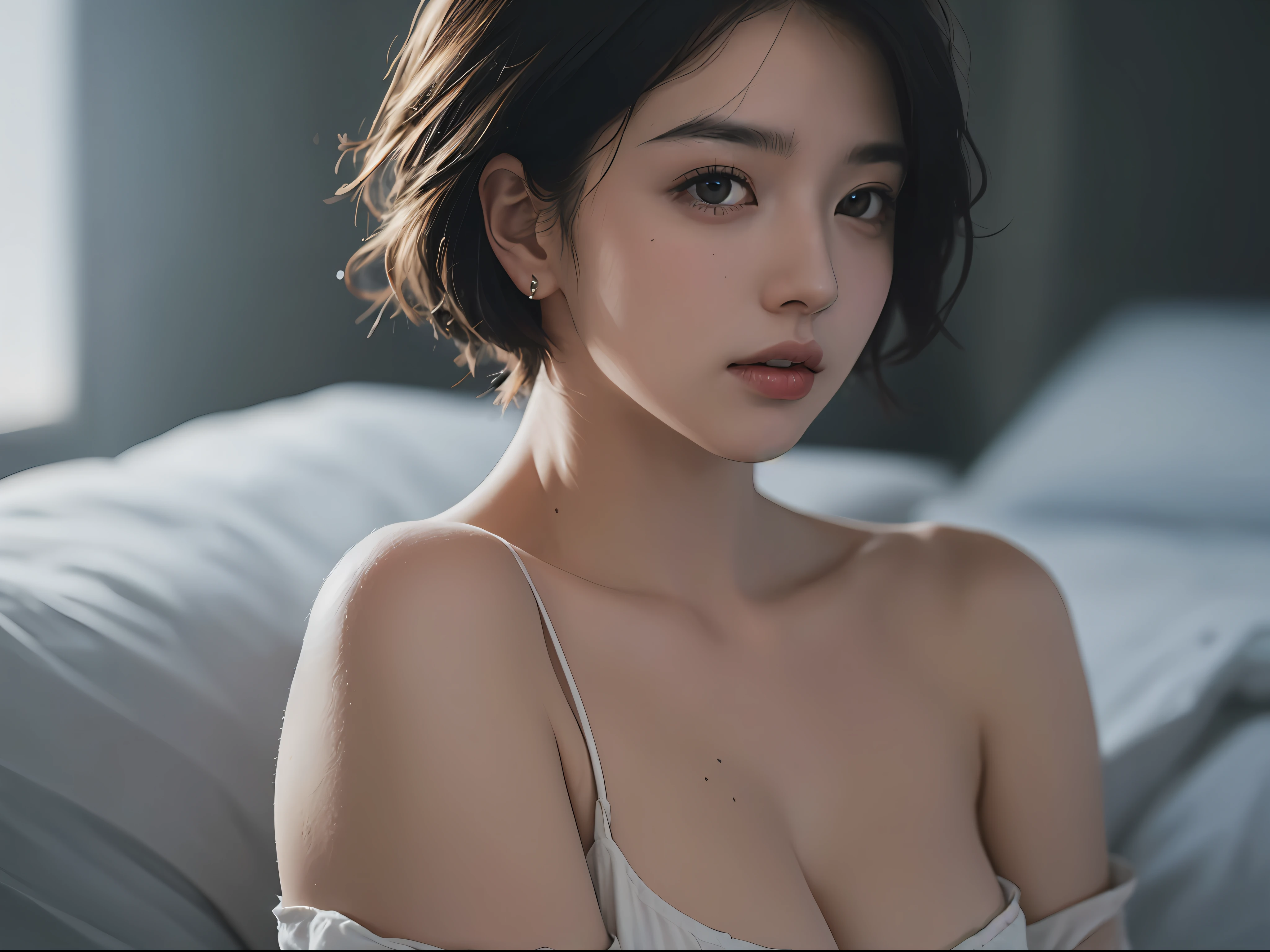Best quality, masterpiece, ultra high res, (photorealistic:1.5), raw photo, 1girl, offshoulder, in the dark, deep shadow, low key, cold light, sexy look, short hair