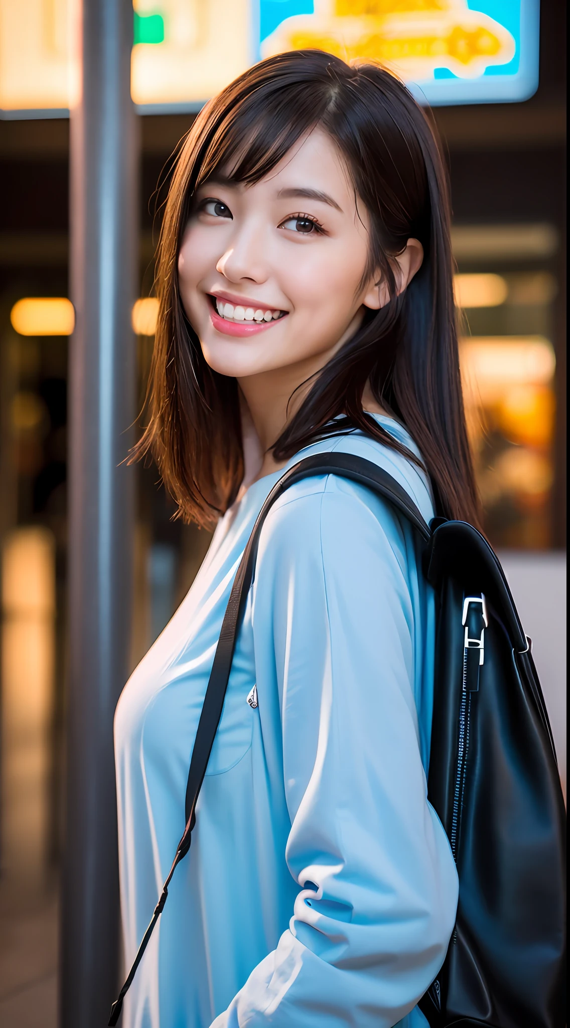 (8k, RAW photos, best quality, high resolution: 1.1), (ultra-realistic: 1.4), (realistic, photorealistic: 1.3), soft light, big girl, realistic face, realistic body, realistic skin, ponytail, absurdity, masterpiece, (cute: 1.8), cuties, solo, (large: 1.2), detailed black eyes, innocent eyes, cheeks, (one piece: 1.2), Cinema Light, Film Grain, (((Rucksack: 1.1)), Cherry Colored Lips, Close-up, Look Viewer, Upper Body, Open Lips, Upper Teeth, (Smiling Eyes: 0.6), ((grinning: 1.2)), Depth of Field, Blurred Background, Eye Focus, Bokeh, Midnight, Shinjuku, Neon Sign, Cyberpunk, Rain, 85mm Lens, f/1.4, Professional Lighting, Young, Portrait, photon mapping, radiosity, physically based rendering