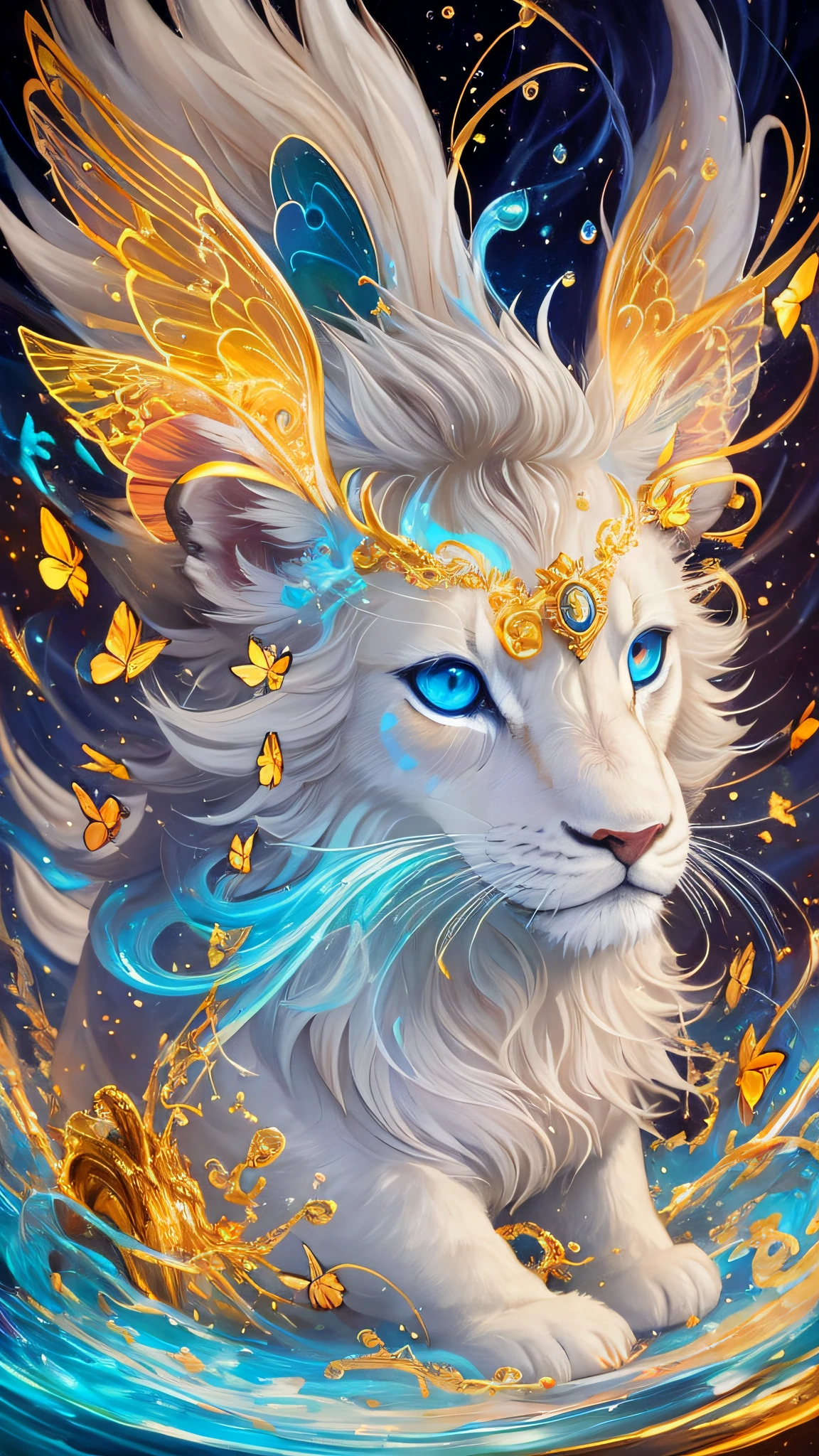 splash art, luminism, fantasy acrylic, digital painting , a close up little cute magic chibi fantasy white color lion dog in bed, flowers, butterflies, sparks, magic creature made of colors, big reflective eyes, splash style of colorful paint, paint dripping, color waves, close portrait, color drops, fairytale, dynamic lighting, artstation, by Peter Mohrbacher, craola, WLOP, masterpiece, golden glowing, bubbles, transparent smoke, sunbeams
