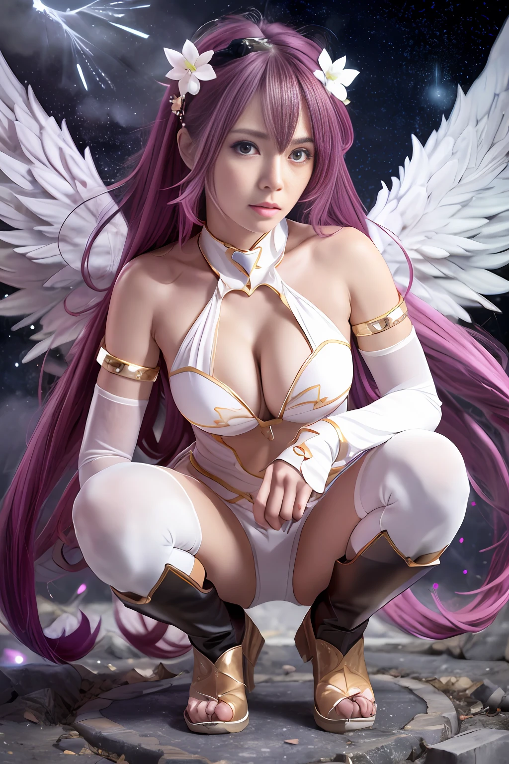 Best illustrations, realistic details and details
Break. squatting cowgirl,,
1 Girl, Beautiful, Seductive Face, Tanned Skin, Detailed Skin, anicos_inori, Yuzuri, Pink Hair, Long Hair, Navel, Detached Sleeves, Bare Shoulders, Middle Opening, Cleavage, Medium Breasts, Hair Clips, Hair Ornaments, Red Eyes, Thigh Height, Leotard, Full Body, Watch the Viewer(Six-Winged Angel: 1.4),
break
On a rooftop overlooking futuristic cityscape, starry sky and dark environment
break
Shattering glass with fractal particle effect, volumetric fog on the horizon, levitation, emotional and powerful atmosphere, gears of machinery
break
Aerial perspective, detailed background, third law, sharp focus, depth of field
break
NEP costume, woman, high dan god