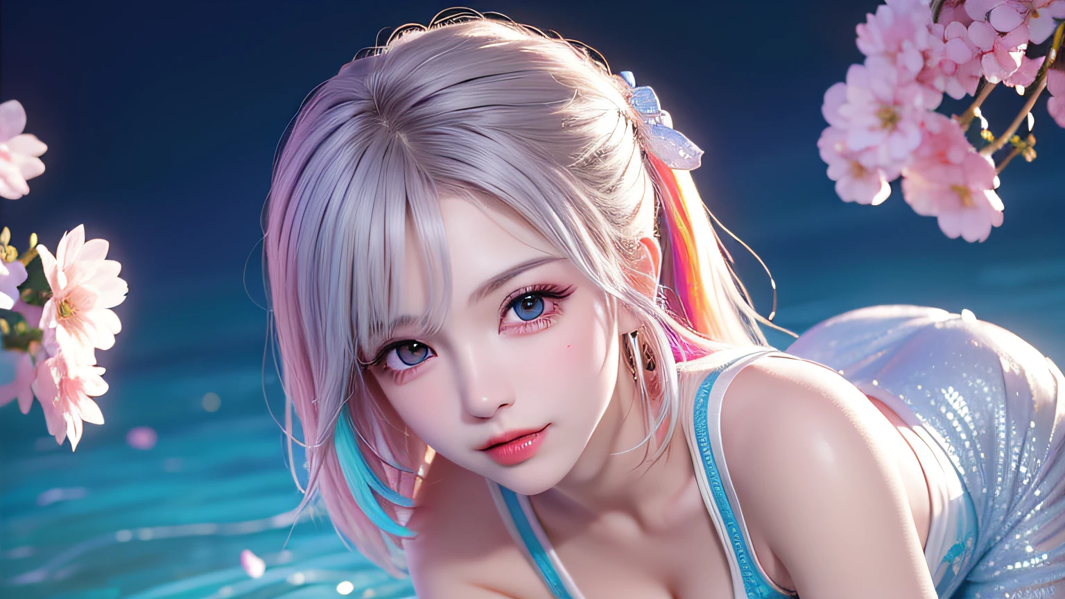 (8k, RAW photos: 1.2), top quality, ultra high resolution, (((cleavage coordination from head to bottom of chest)), dramatic angle, (pink petals fluttering), (illustration), (1 girl)))), (short hair bob), (transparent white sheer lace dress)), beautiful face (silver hair, blue eyes), (bright lip gloss, long eyelashes, smooth) face, bright skin, Natural Shadows, Wide Light, Wide Light, Depth of Field, Strong Colors, Subtle Caustics: 0.8), Smile, (Big), (Rain: 0.9), Behind the Girl is Hanazono, (Focus), ((Standing on the Surface of the Water)), ((Color Splash), Colorful Splash, (((((Colorful)))), (Sketch: 0.8), Masterpiece, Best Quality, Beautifully Painted, Highly Detailed, (Denoise: 0.6), [ Splash Ink], (Ink Refraction)), (Beautiful Detailed Sky), Highly Detailed, (Masterpiece, Best Quality, Highly Detailed) CG Unity 8k Wallpaper, Masterpiece, Best Quality, Ultra Detailed, (Lycoris radiata)